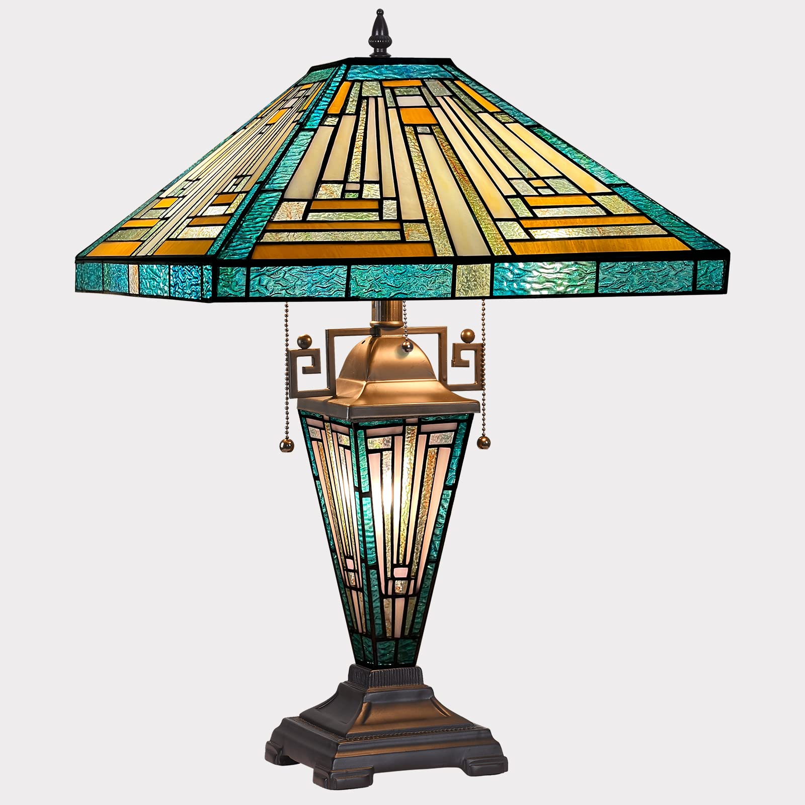 Capulina Large Tiffany Table Lamp 3-Light With Nightlight 16X16X25 Inches Mother-Daughter Vase Mission Green Amber Style Stained Glass Desk Light For Home Living Room Bedroom