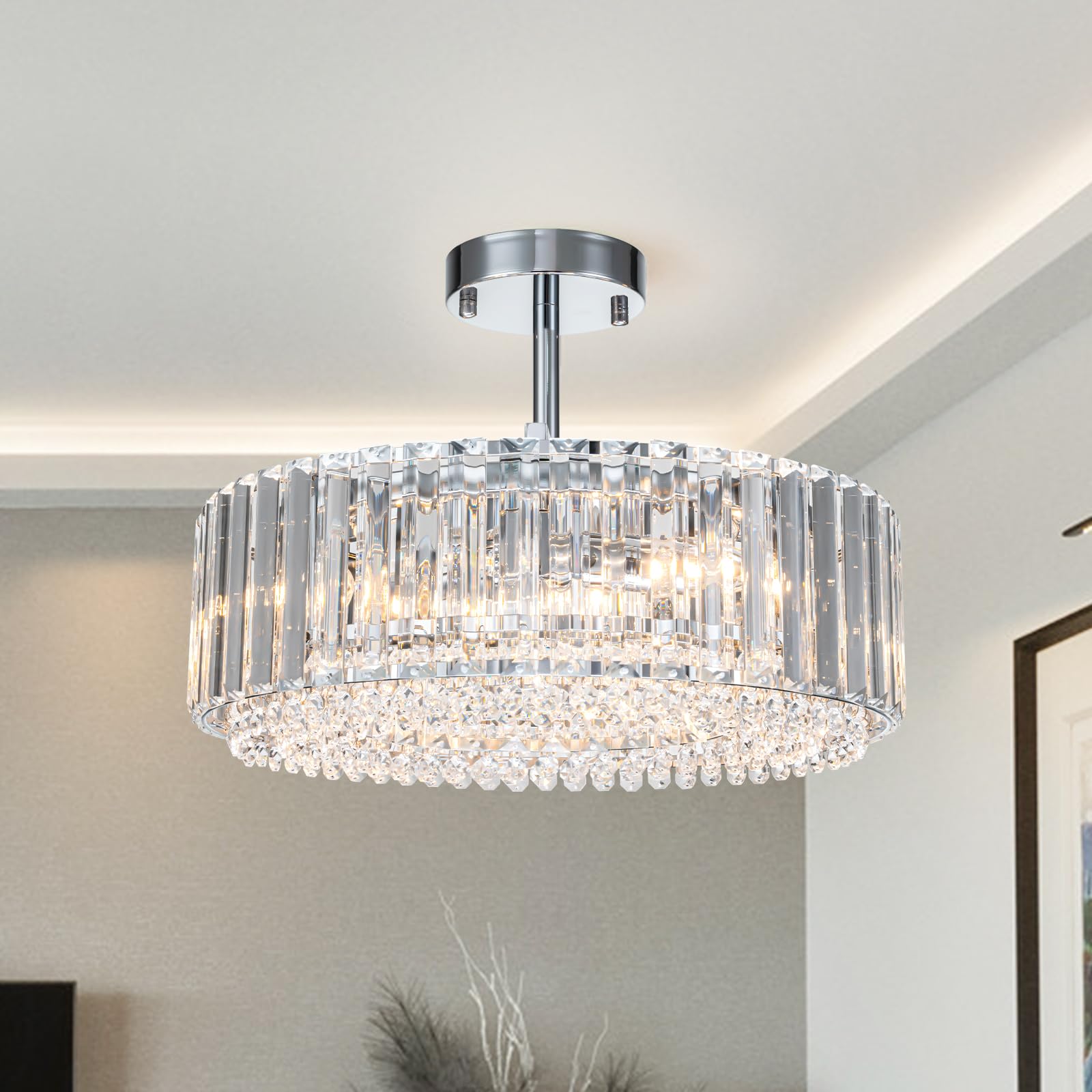 Lingkai 15.8 Modern Crystal Chandelier Chrome Round Semi Flush Mount Ceiling Light Fixture Chandelier for Living Room Dinning Ro