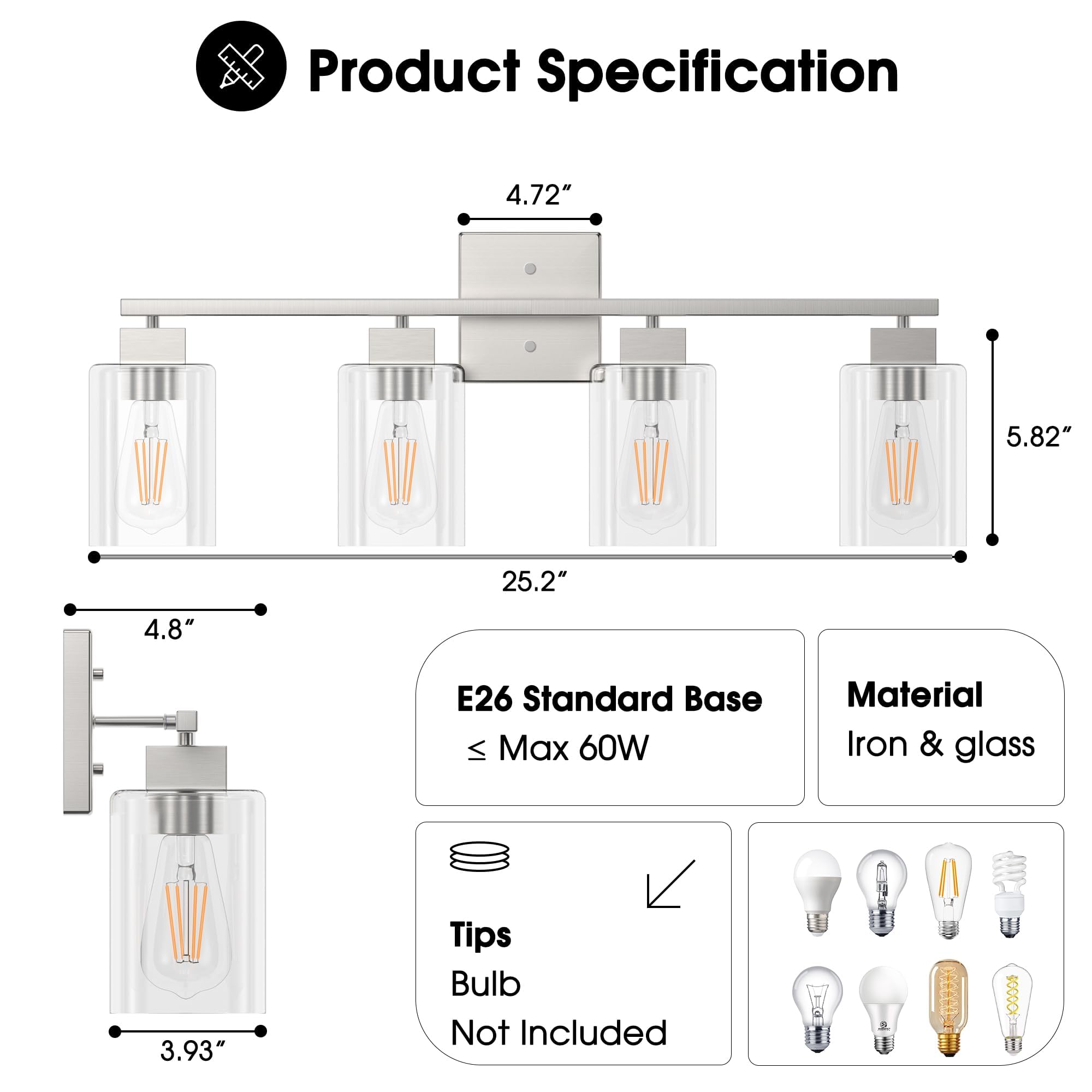 Espird Brushed Nickel Bathroom Vanity Light, Square Design & Ul Certification, 4 Lights Bathroom Lighting Fixtures Over Mirror,