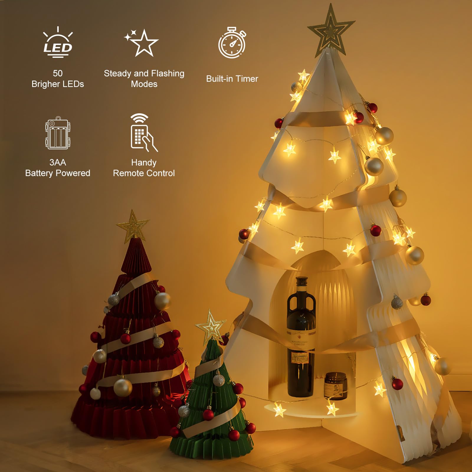 Brightown Star String Lights - 50 LED, 17 ft, Battery Operated, Warm White, Waterproof, Remote & Timer for Party Decor