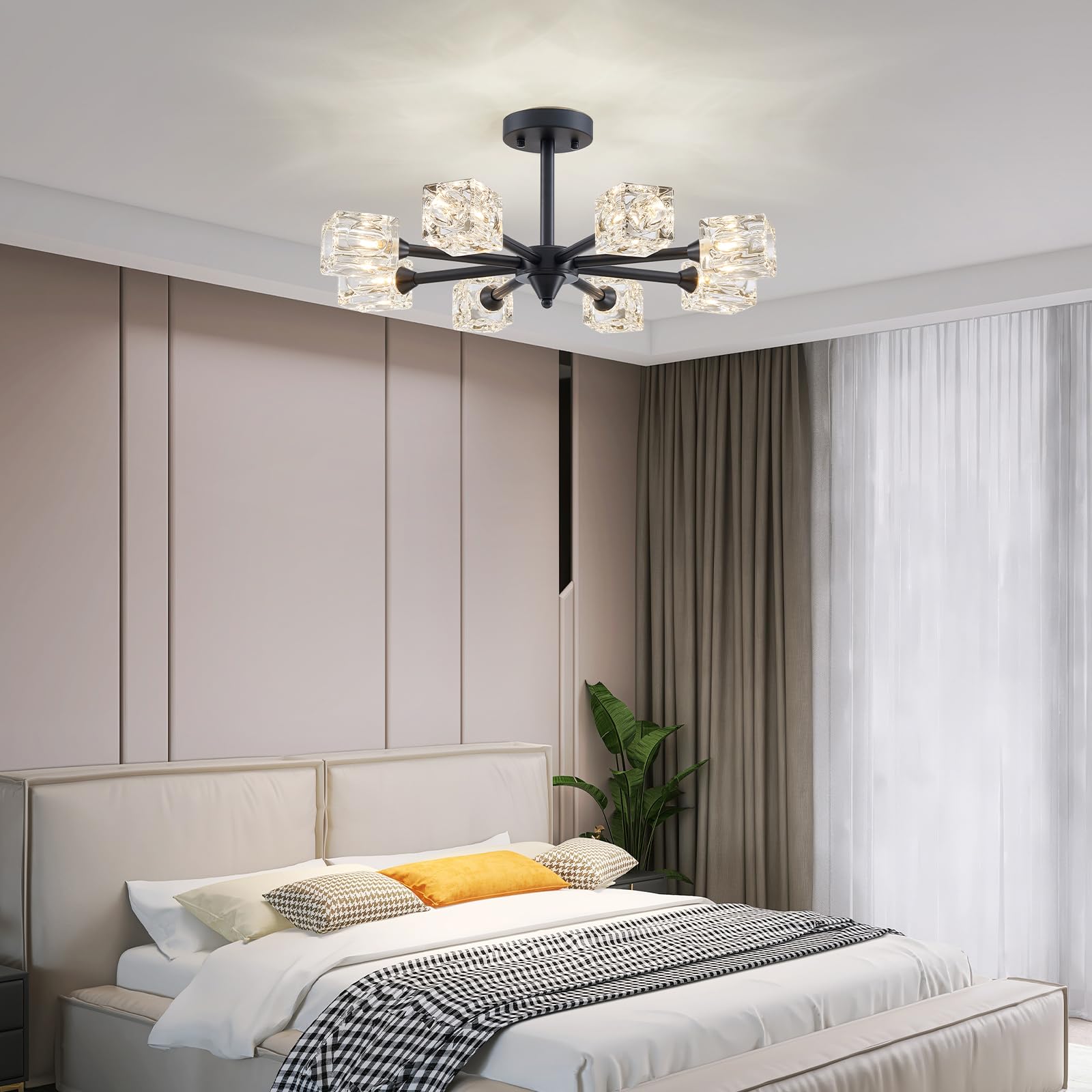 Xingqi Modern Black Chandelier Glass Ceiling Light Fixture 23'' Farmhouse Sputnik Chandeliers 8-Light Semi Flush Mount Ceiling L