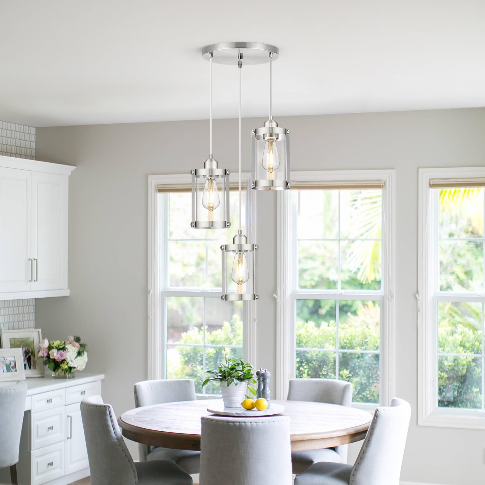 Osimir 3-Light Pendant Lighting, Brushed Nickel Dining Room Chandelier Light Fixture Over Table With Clear Glass, Modern Cluster