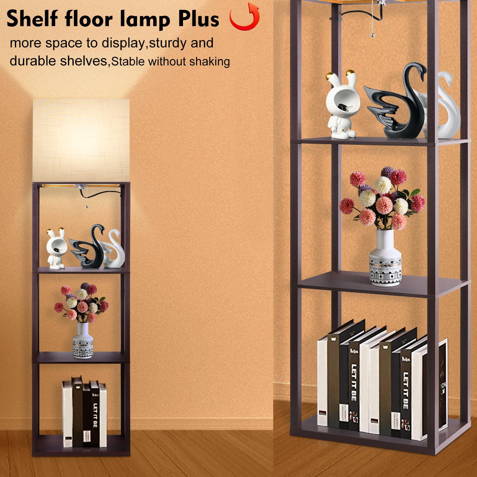 Runtop Plus Floor Lamp With Shelves, 15W Led, 3 Color Temperatures, Walnut Wood Design