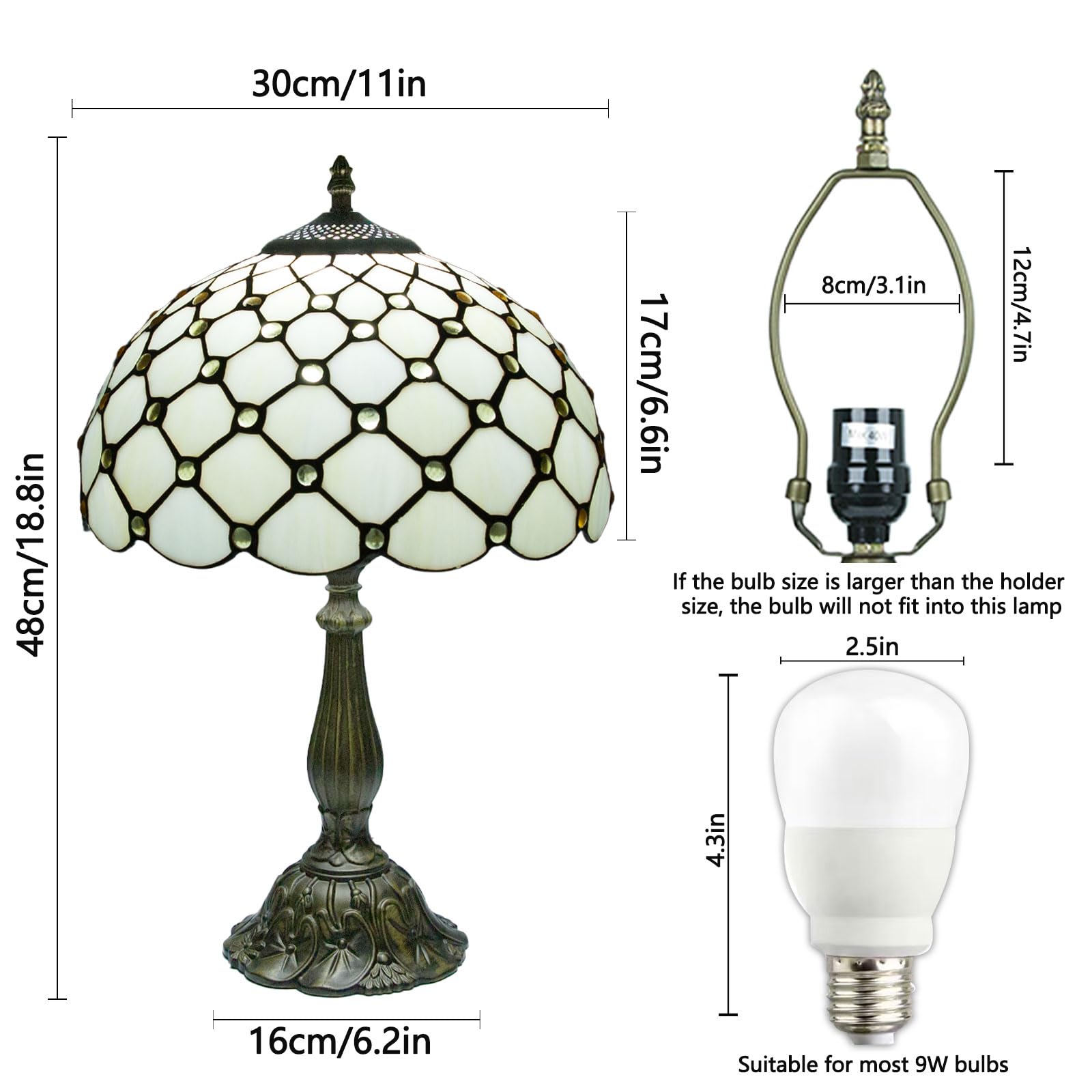 12 Inch Tiffany Table Lamps With Remote Control  Stained Glass Lamp With Stepless Dimmable Colors Temperature & Brightness For Living Room Bedroom Office  9W Bulb Included (White Bead Curtain)