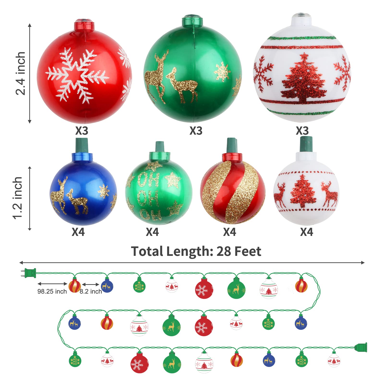 Airivo Christmas Tree Ball Ornaments, 28Ft 25 Bulb Outdoor Christmas String Lights, Indoor Christmas Lights Plug In End To End Expandable, Ornaments For Christmas Tree Decorations