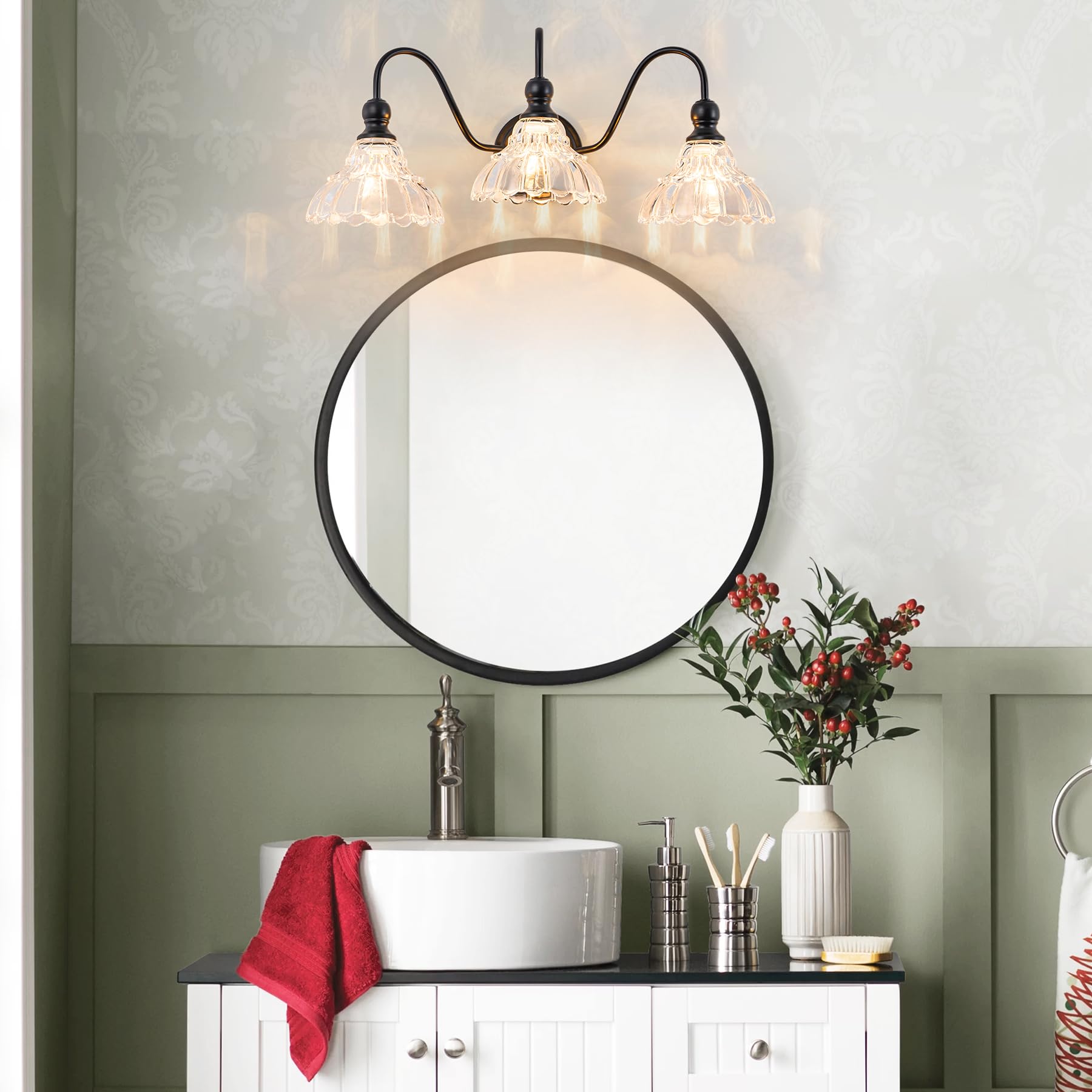 BrkNit 3-Light Black Vintage Bathroom Wall Sconce - Stainless Steel with Flower Glass Shade, Farmhouse Vanity Lighting for Bedroom and Hallway