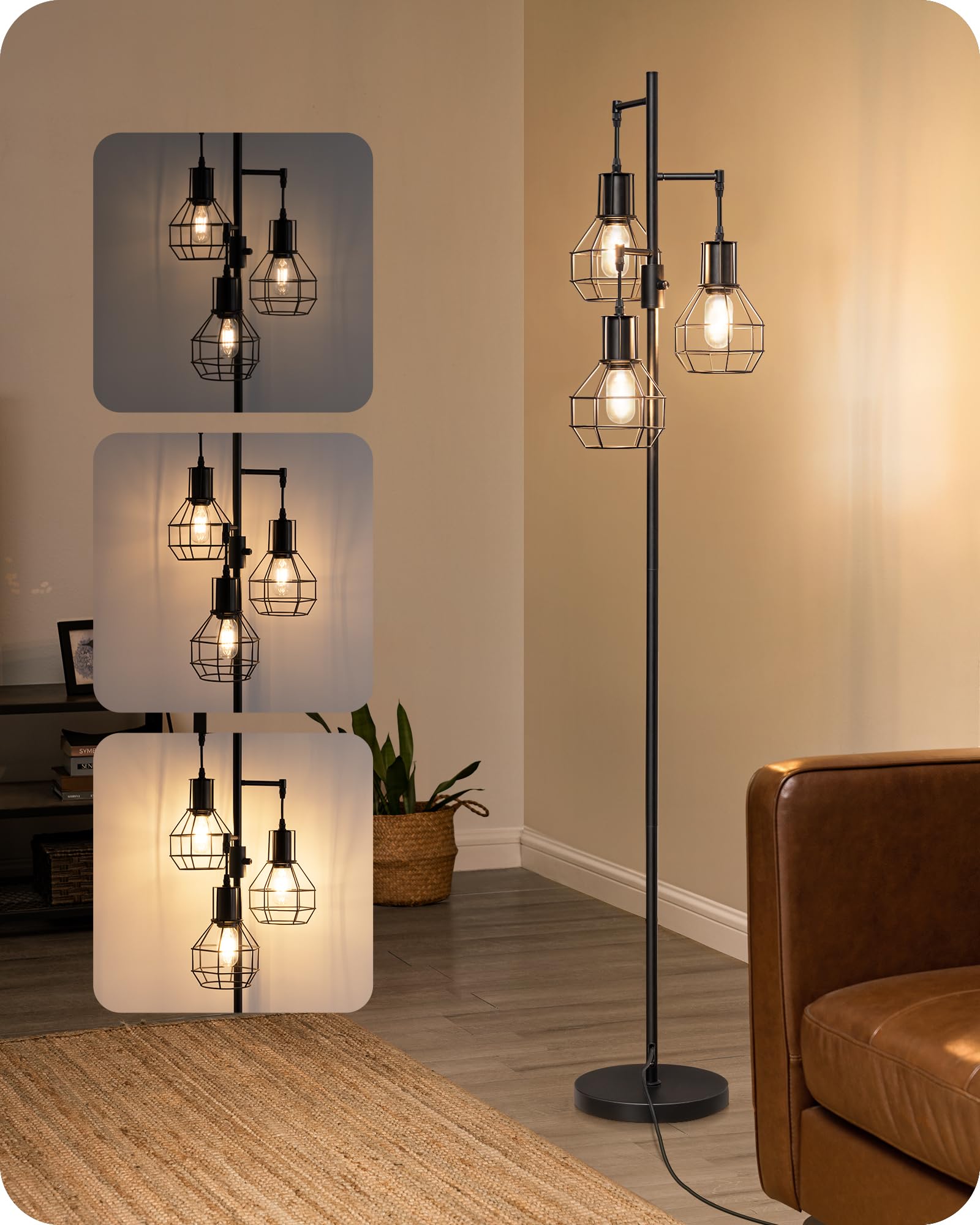 EDISHINE Dimmable Farmhouse Floor Lamp, Industrial Metal Design, Black, Model HLFL03G, 3 LED Edison Bulbs Included