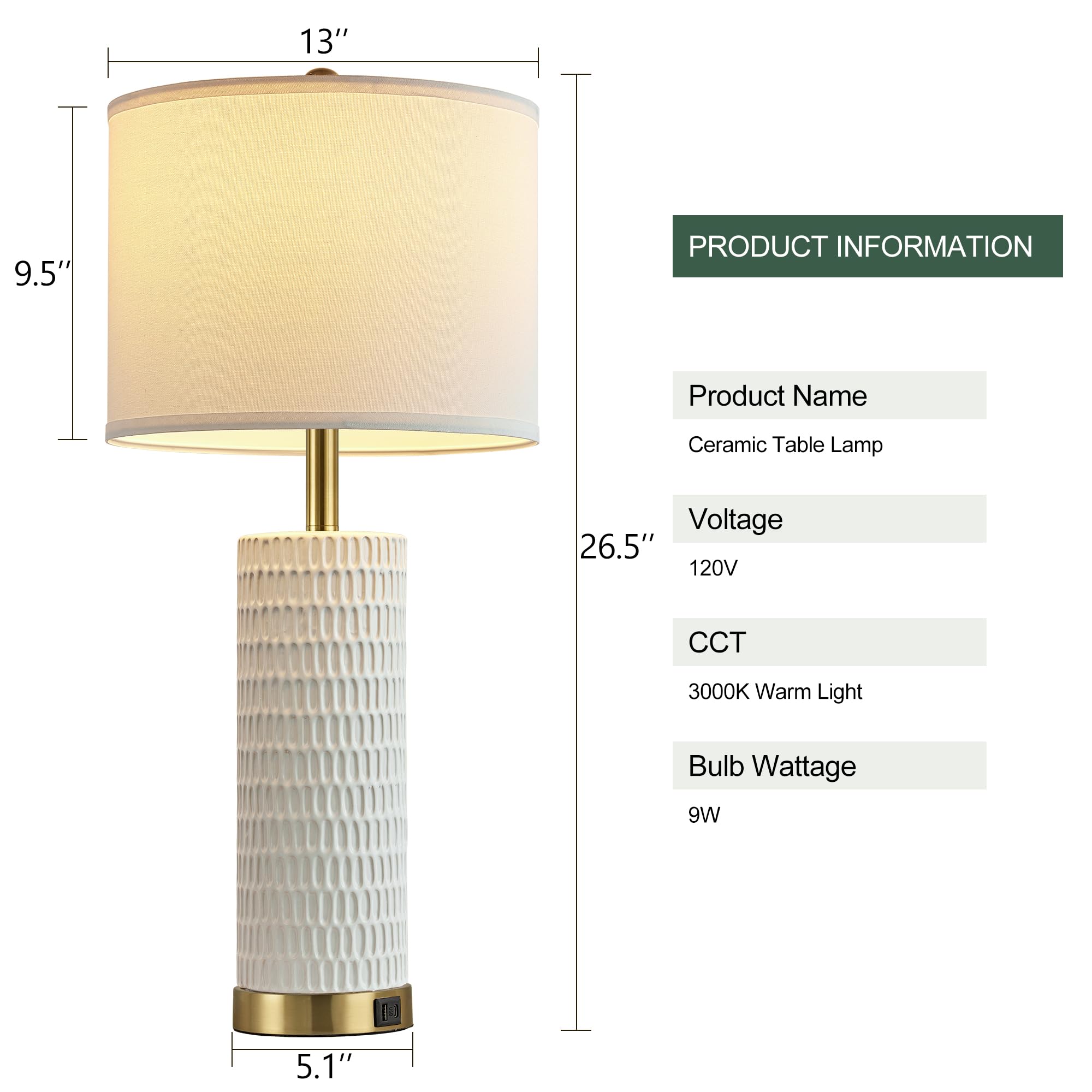 Reaketon 26.5" Ceramic Table Lamps Set of 2, Touch Control, 3 Way Dimmable, White Shade & Gold Base, Model 22102-1T PGD