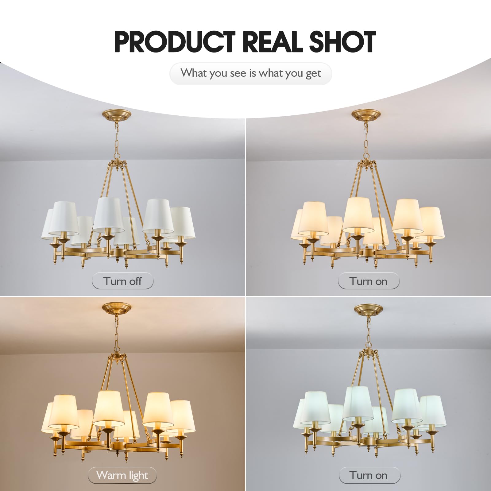Qgiytp 8-Light Gold Chandelier, Industrial Iron Pendant Light with White Linen Shade for Dining Room, Kitchen, Living Room, Model U-2282