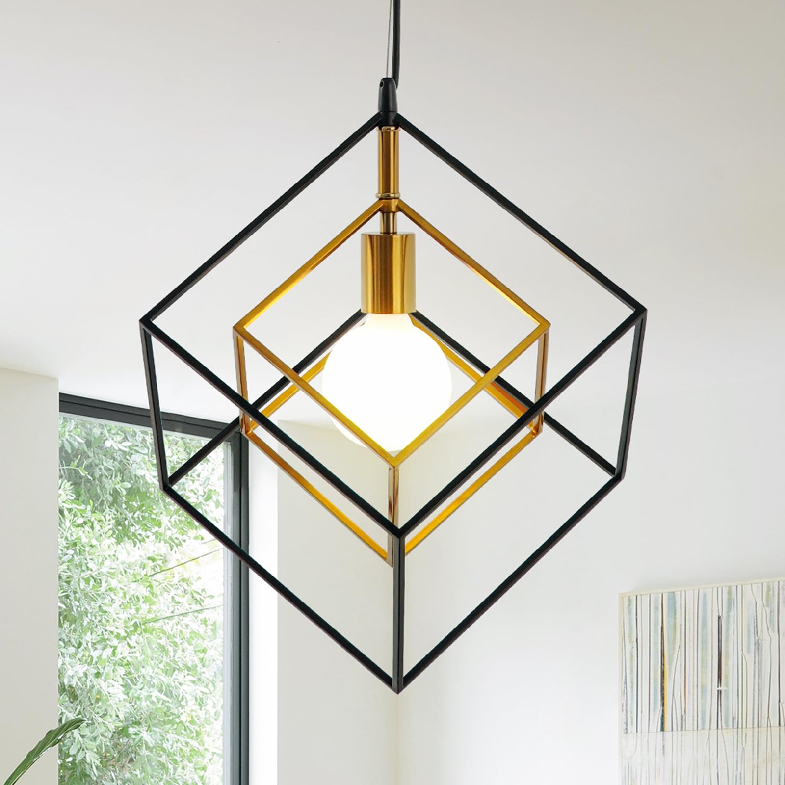 SHANSRUI Modern Geometric Chandelier, 1-Light Metal Pendant Light Fixture Black Brass Hanging Ceiling Light Industrial Farmhouse