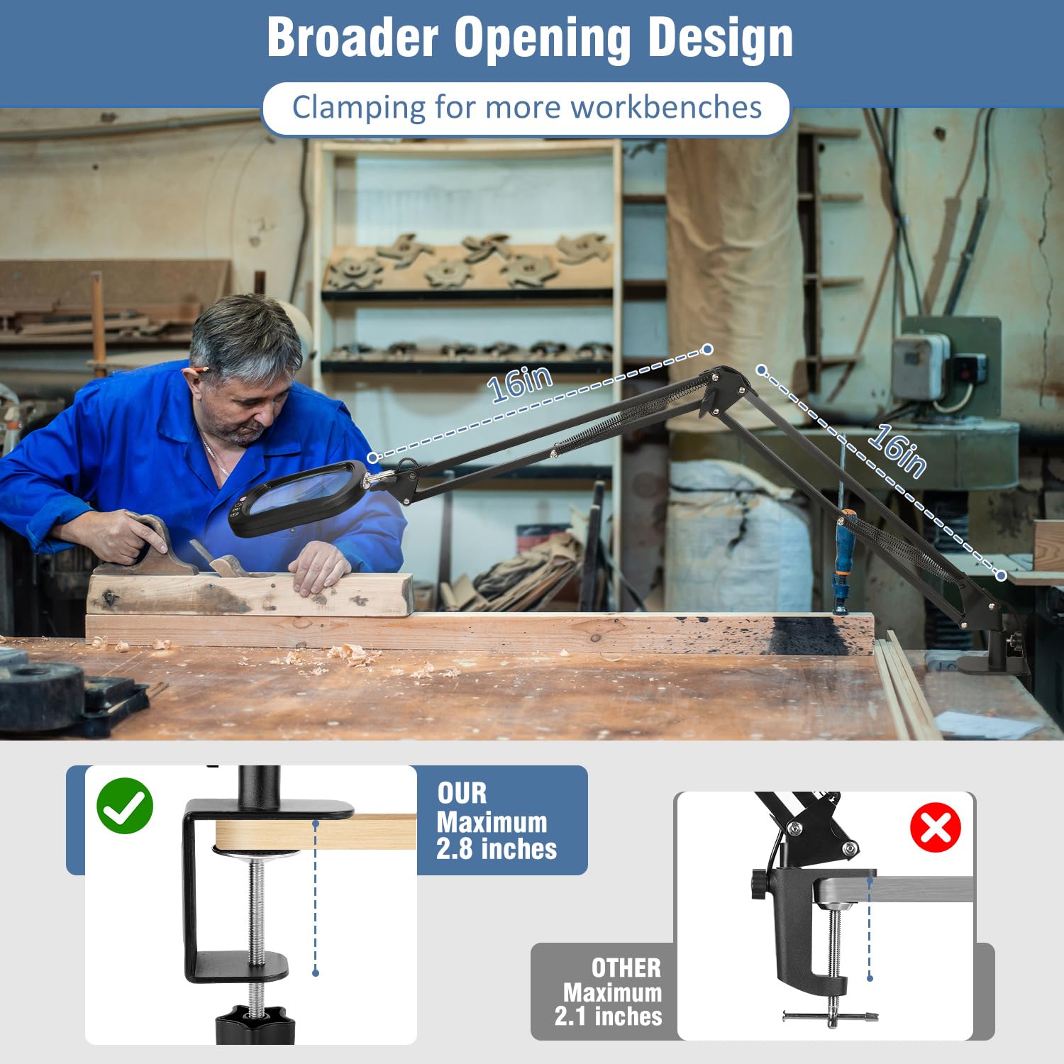 10X Rectangle Magnifying Glass With Light And Clamp, 2*16 Inch Large Swivel Arm Led Desk Lamp, 5 Color Modes Brightness Steeples