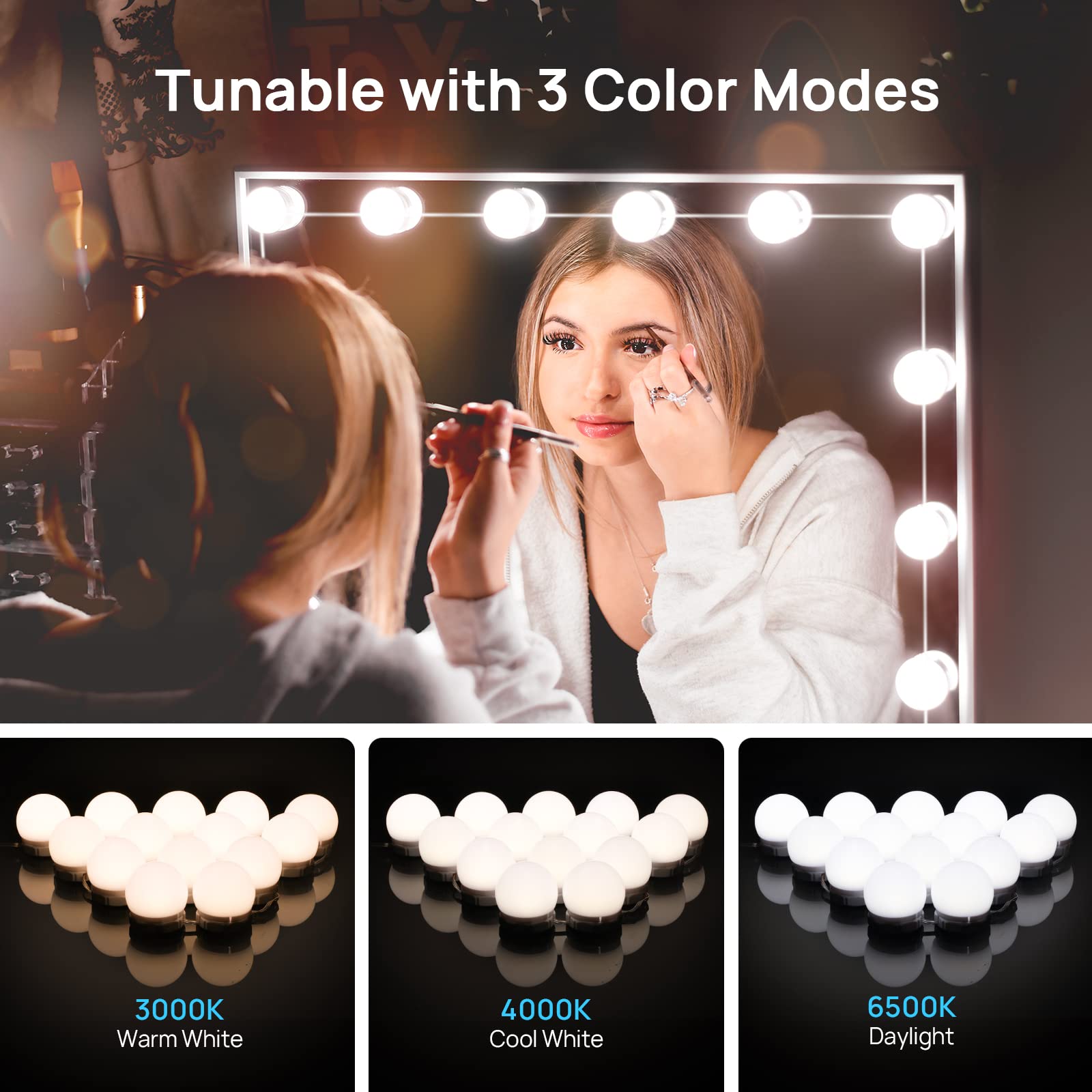 Led Vanity Lights For Mirror, Consciot Hollywood Style Lights With 14 Dimmable Bulbs, Adjustable Color & Brightness, Usb Cable,
