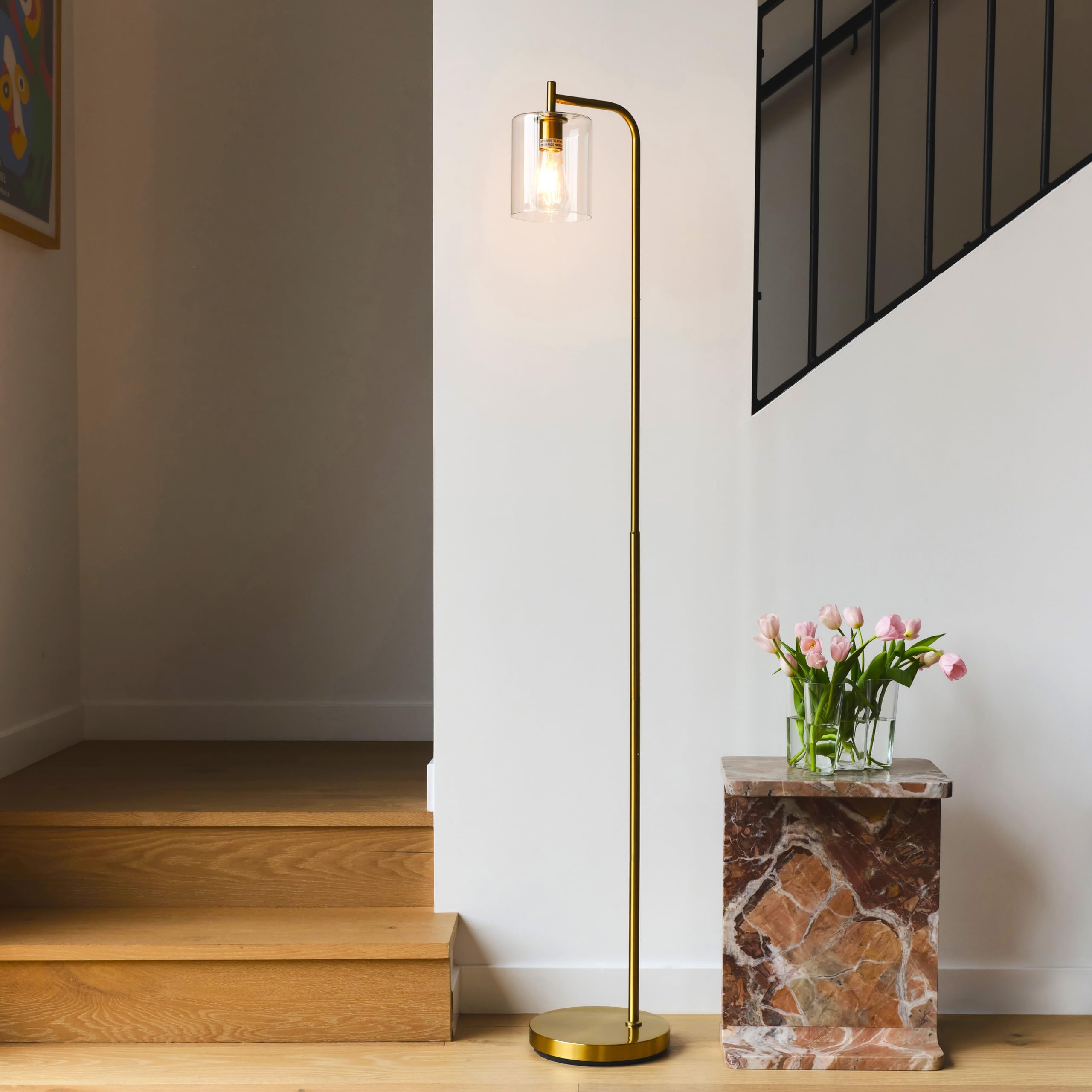 Brightech Elizabeth LED Floor Lamp, Industrial Style, Brass Gold, Glass Shade, Model B07P9RQ5L4