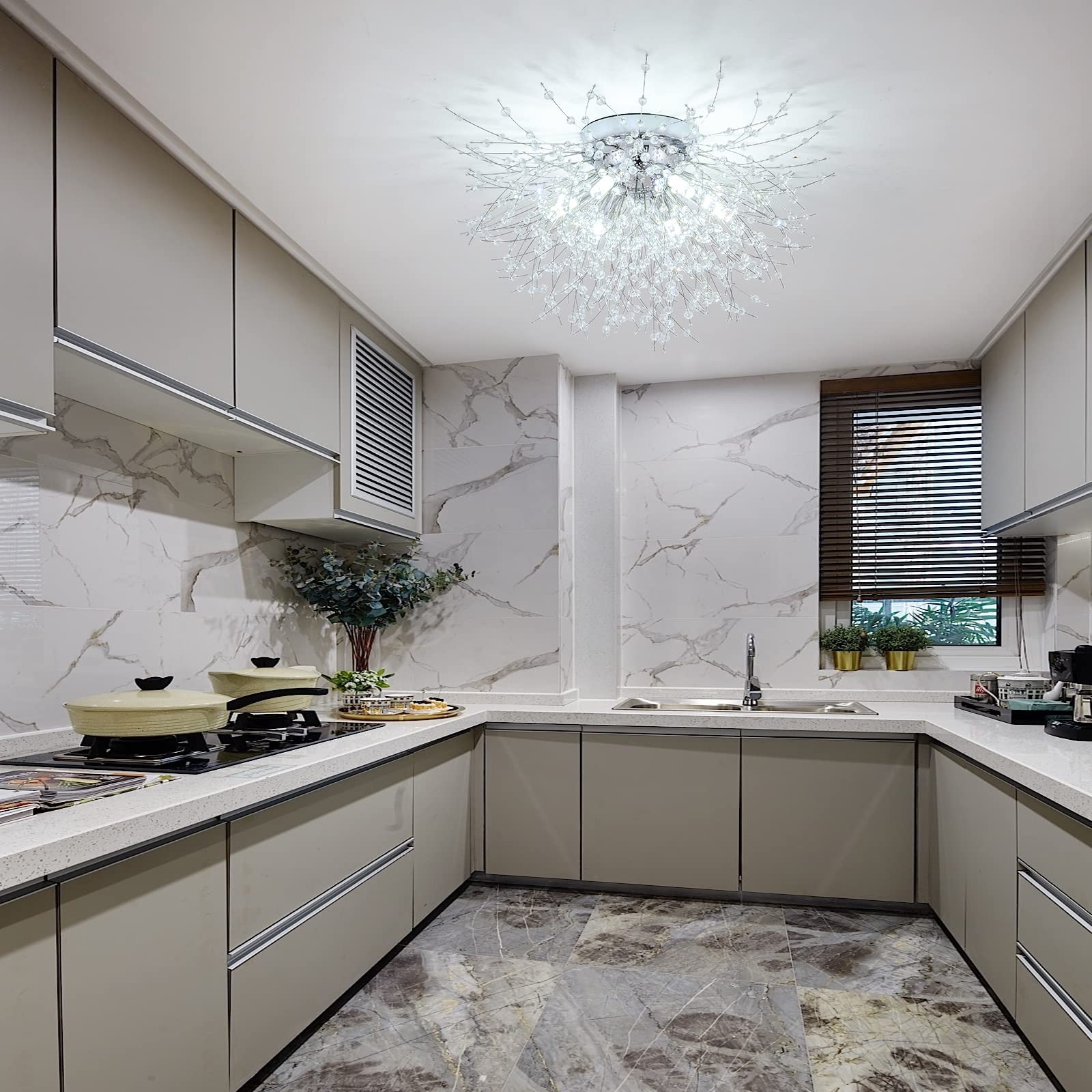 Chrome Firework Flush Mount Ceiling Light Fixture, Modern Crystal Sputnik Firework Ceiling Lights, 6-Light Close To Ceiling Lighting Fixtures For Bedroom Kitchen Hallway Entryway