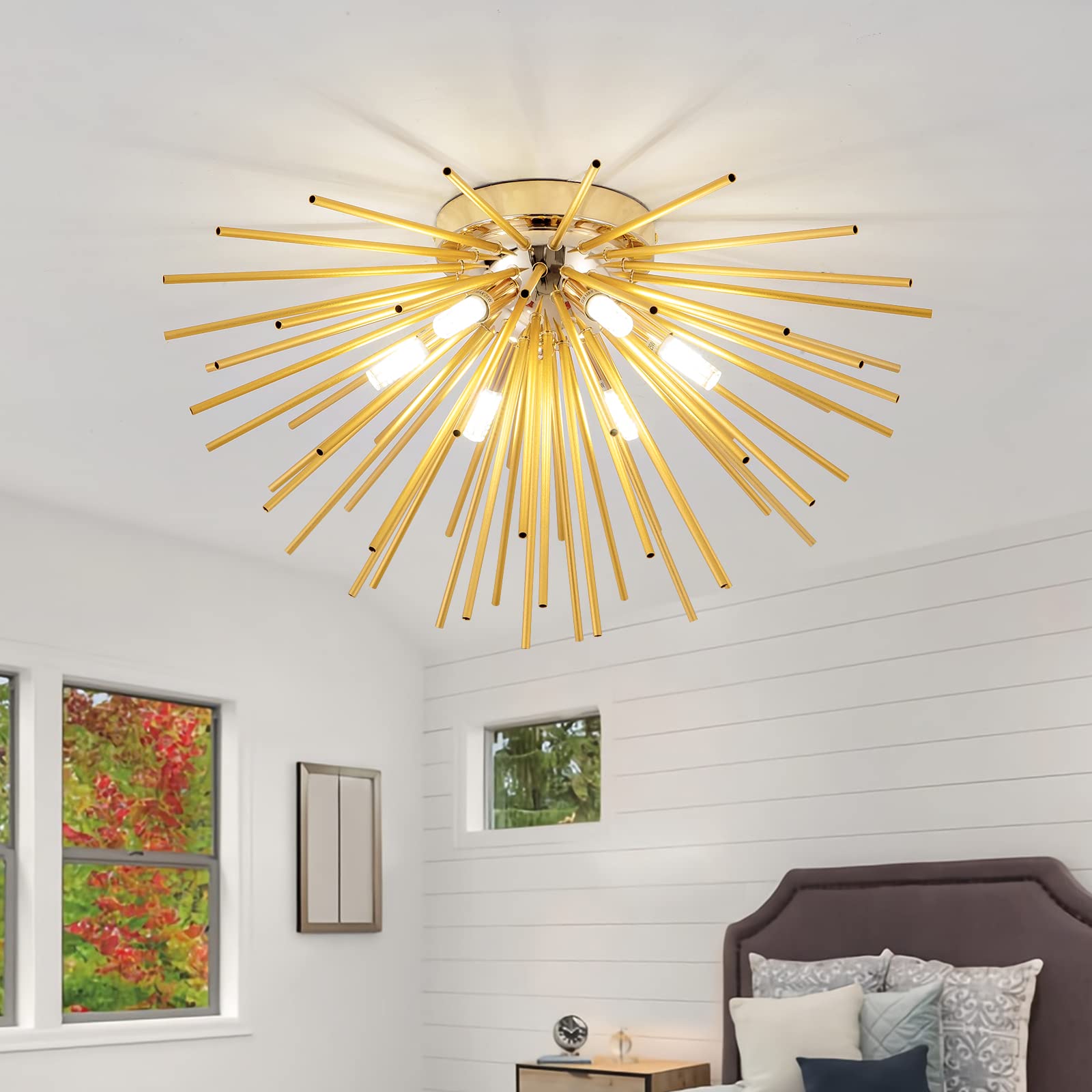 Sputnik Flush Mount Ceiling Light Fixture, 6-Light Gold Firework Ceiling Lights, 19.6'' Modern Chandeliers Close to Ceiling Lamp
