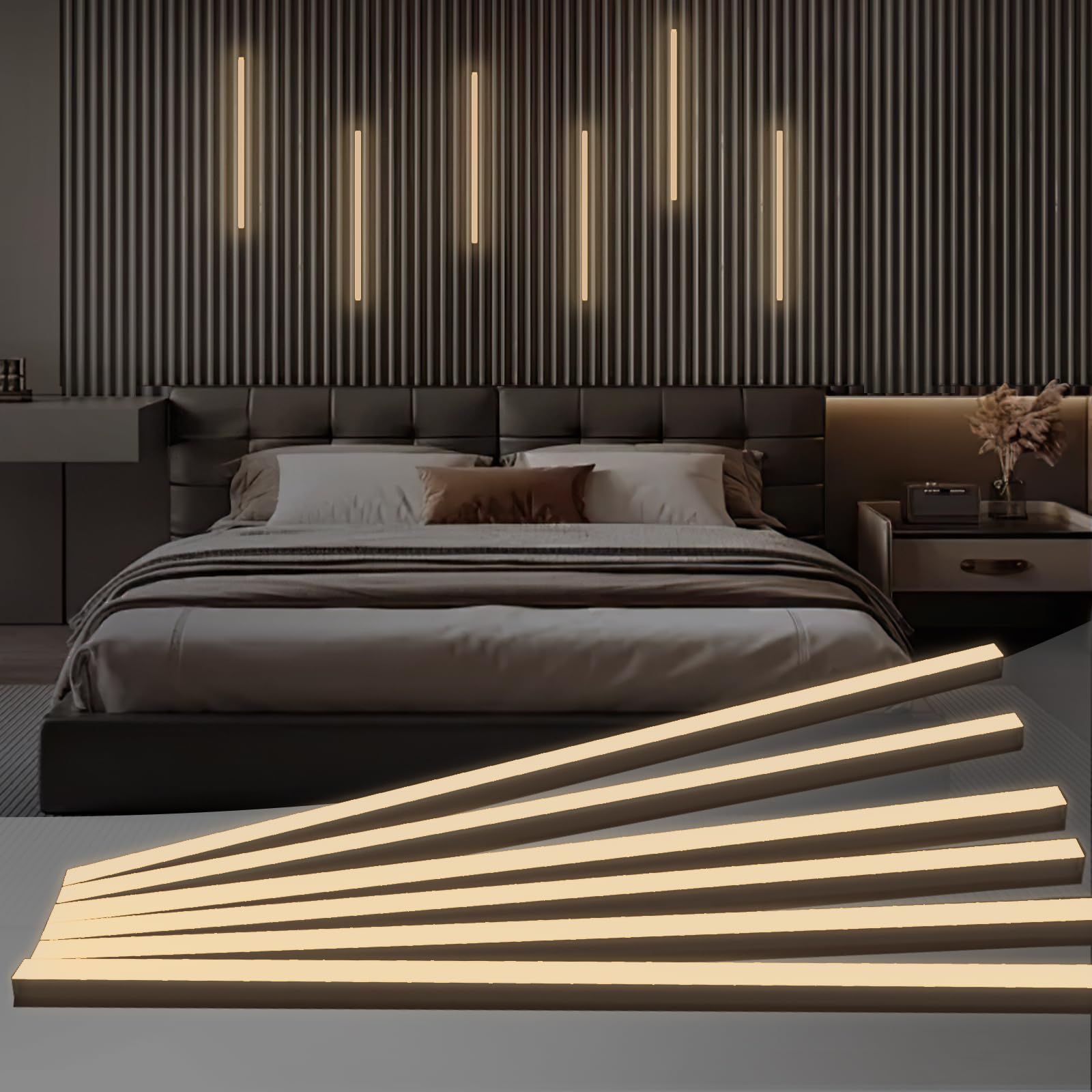 Hamrvl Black Led Recessed Lighting Kit - 6 Pcs 16In Dc12V White Led Light With Smart Switch  3000K Self-Adhesive Led Wall Lights For Wood Slat Wall Panels  Headboards  Stairs  Under Cabinet Lighting