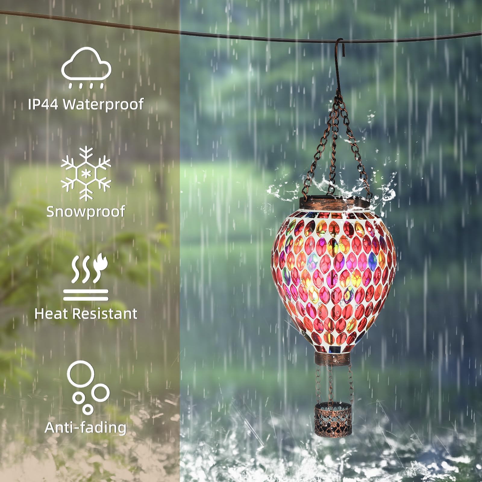 Voreen Hot Air Balloon Solar Lantern  Handmade Mosaic Solar Outdoor Hanging Wind Light  Waterproof  Patio Festive Decor  Gift For Mom Wife Friend  Red