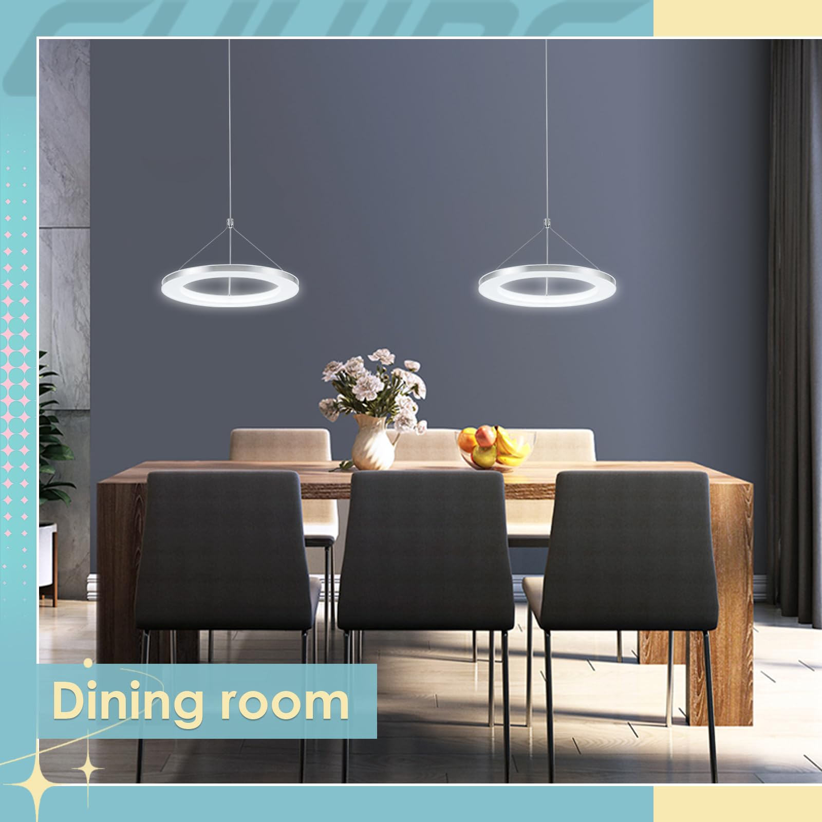 Chying Modern Led Pendant Light Kitchen Island Silver Ring Pendant Lighting 6500K Cool White Adjustable Height Ceiling Hanging Light Fixture For Bedroom Dining Room Living Room