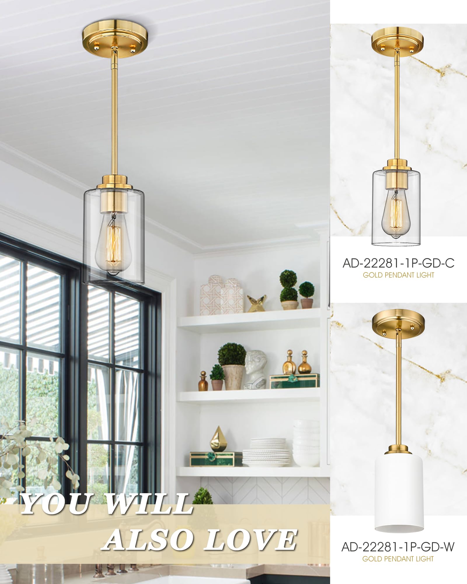 Audickic Pendant Lights Kitchen Island, Farmhouse Gold Pendant Lighting With Clear Glass Shade, Kitchen Pendant Lighting Over Island For Dining Room Entryway, Ad-22281-1P-Gd-C