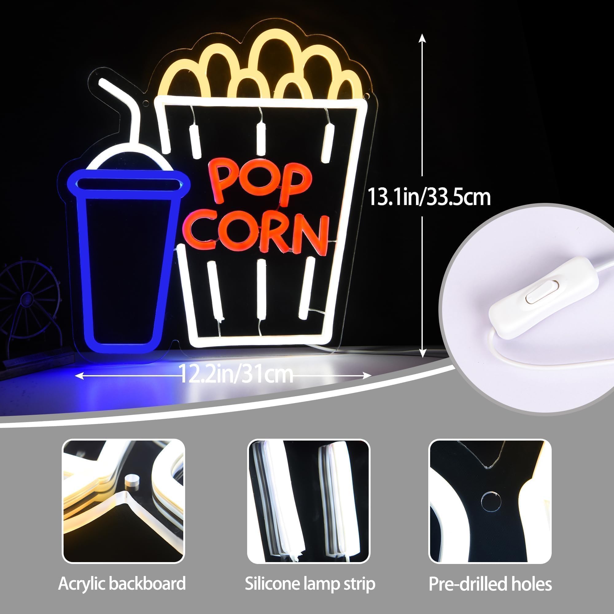 attneon Popcorn Neon Sign for Wall Decor, LED Light, 16.1x0.9in, Acrylic, Yellow/Blue/Red/White, Model JTLD080