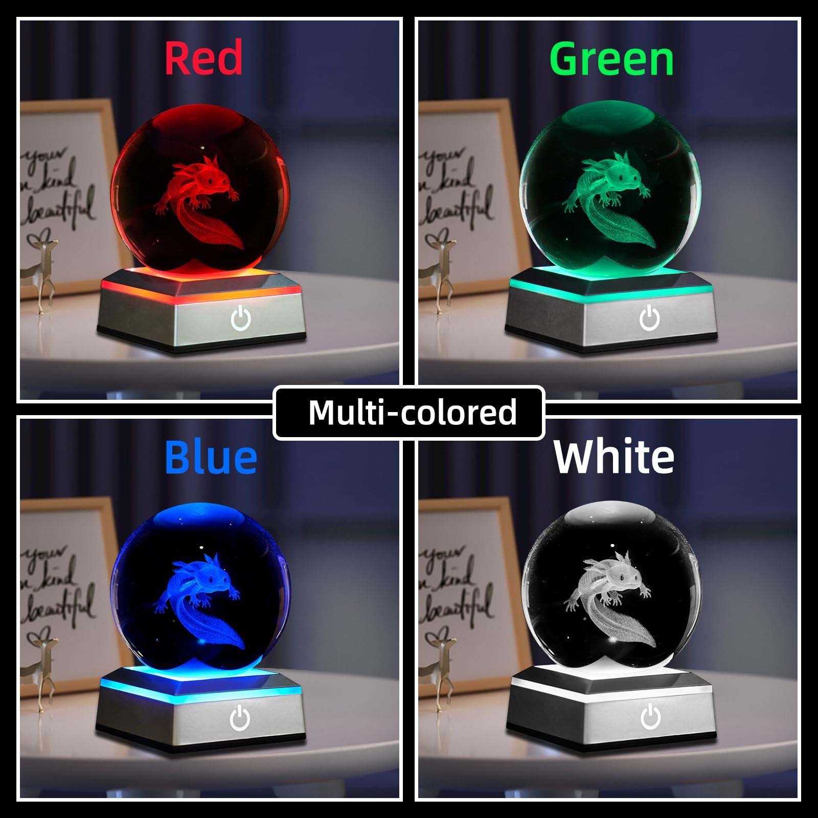 3D Axolotl Crystal Ball Night Light 3.15 Inch Glass Ball Table Lamp With Color Changing Touch Base Axolotl Decor Ideal Gifts For