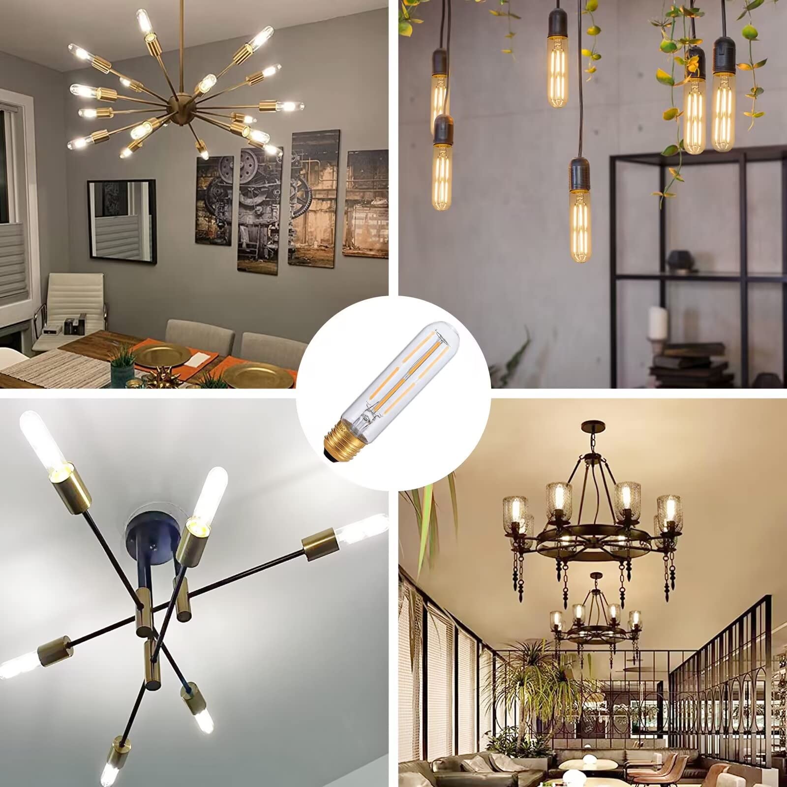 Tianshq 6 Pcs E26 T10 Led Tubular Light Bulbs, Daylight White Edison Bulb 4000K 6W Dimmable T10 Led Bulb For Pendant Lights, Lam