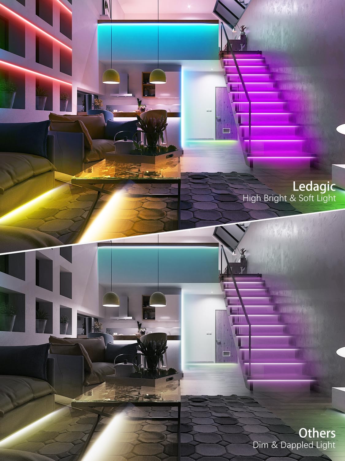 Ledagic LED Strip Lights, 50ft, 450 LEDs, RGB Color Changing, Smart App Control, White, Model Led-rgb09-2