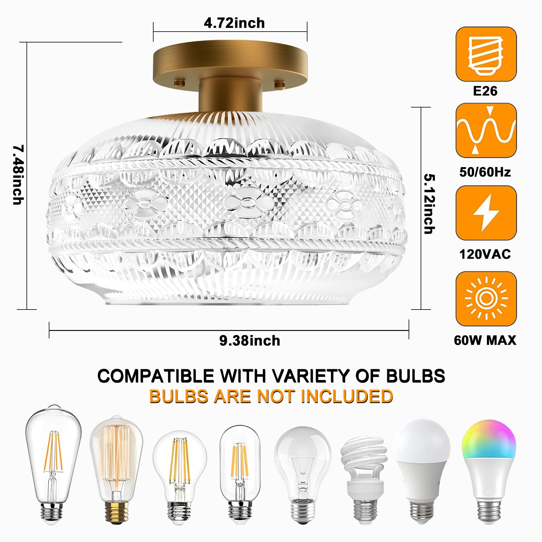 Industrial Semi Flush Mount Ceiling Light Fixture,Gold Globe Glass Hallway Lights Fixtures Ceiling,Vintage Ceiling Lights,Farmho