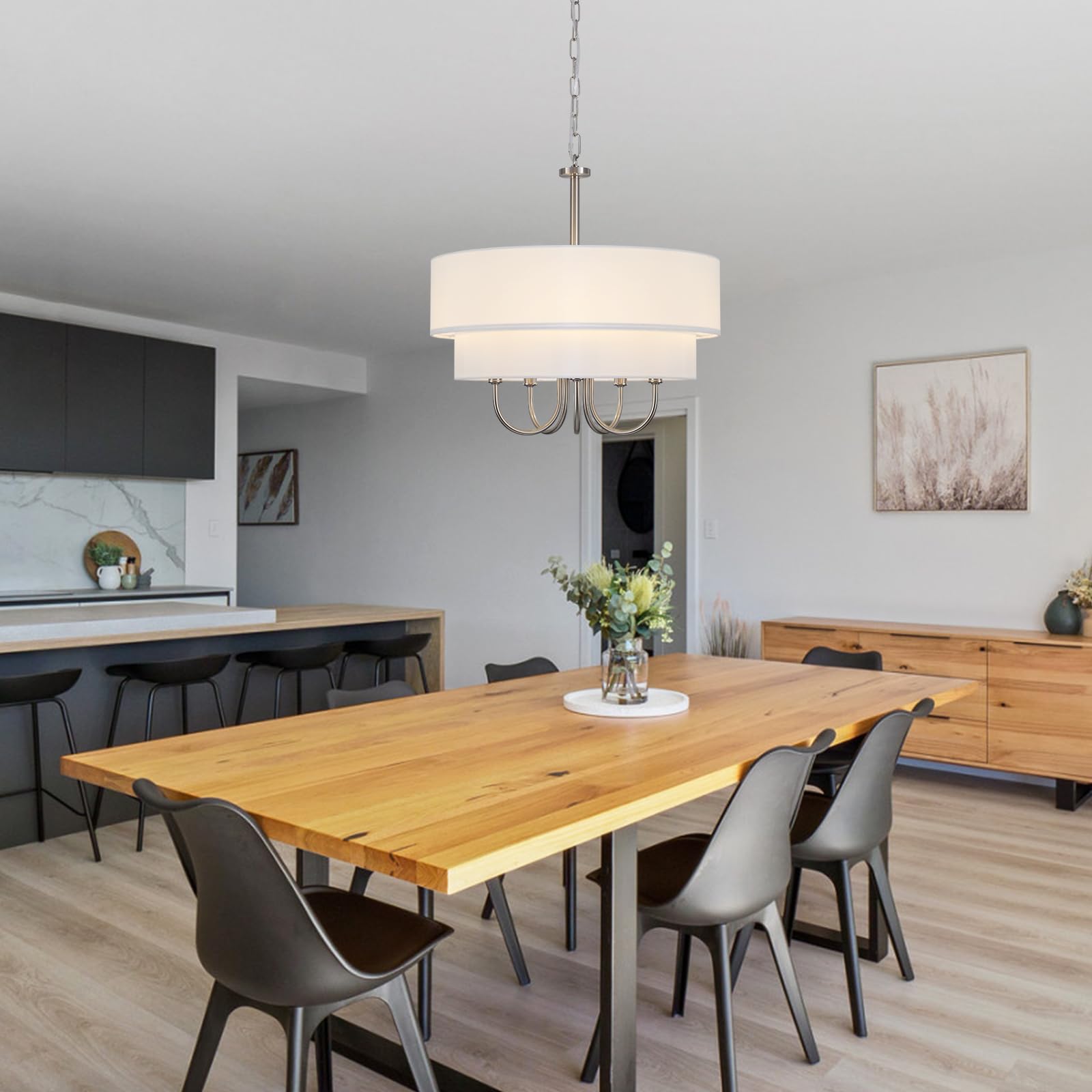 Modern Drum Chandeliers For Dining Room 5 Light Brushed Nickel Chandelier With Shades Contemporary Farmhouse Light Fixtures Hang