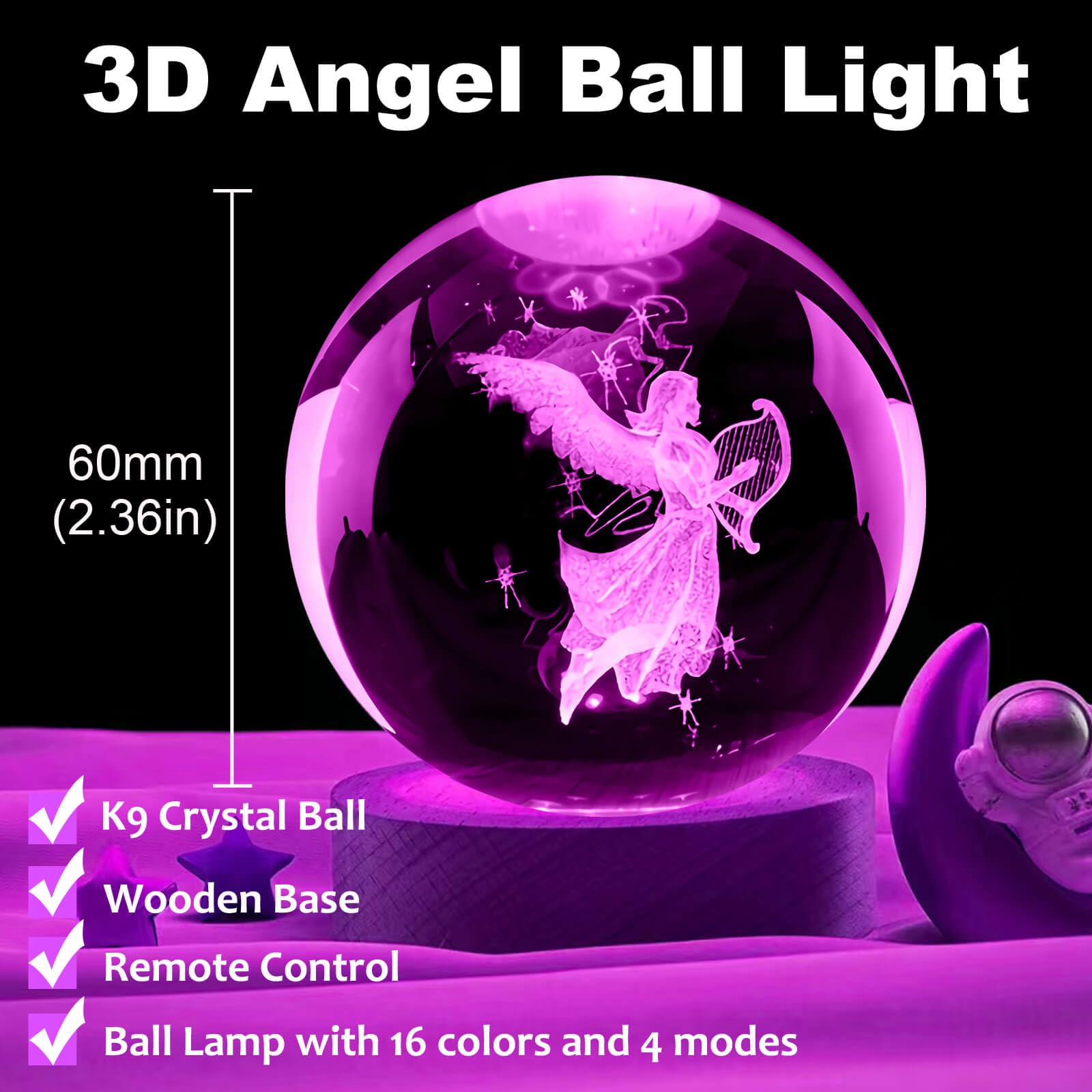 Linsina Guardian Angel Crystal Ball Lamp,16 Colors Glass Angel Figurine Ball Night Light With Wooden Base And Remote Control, An
