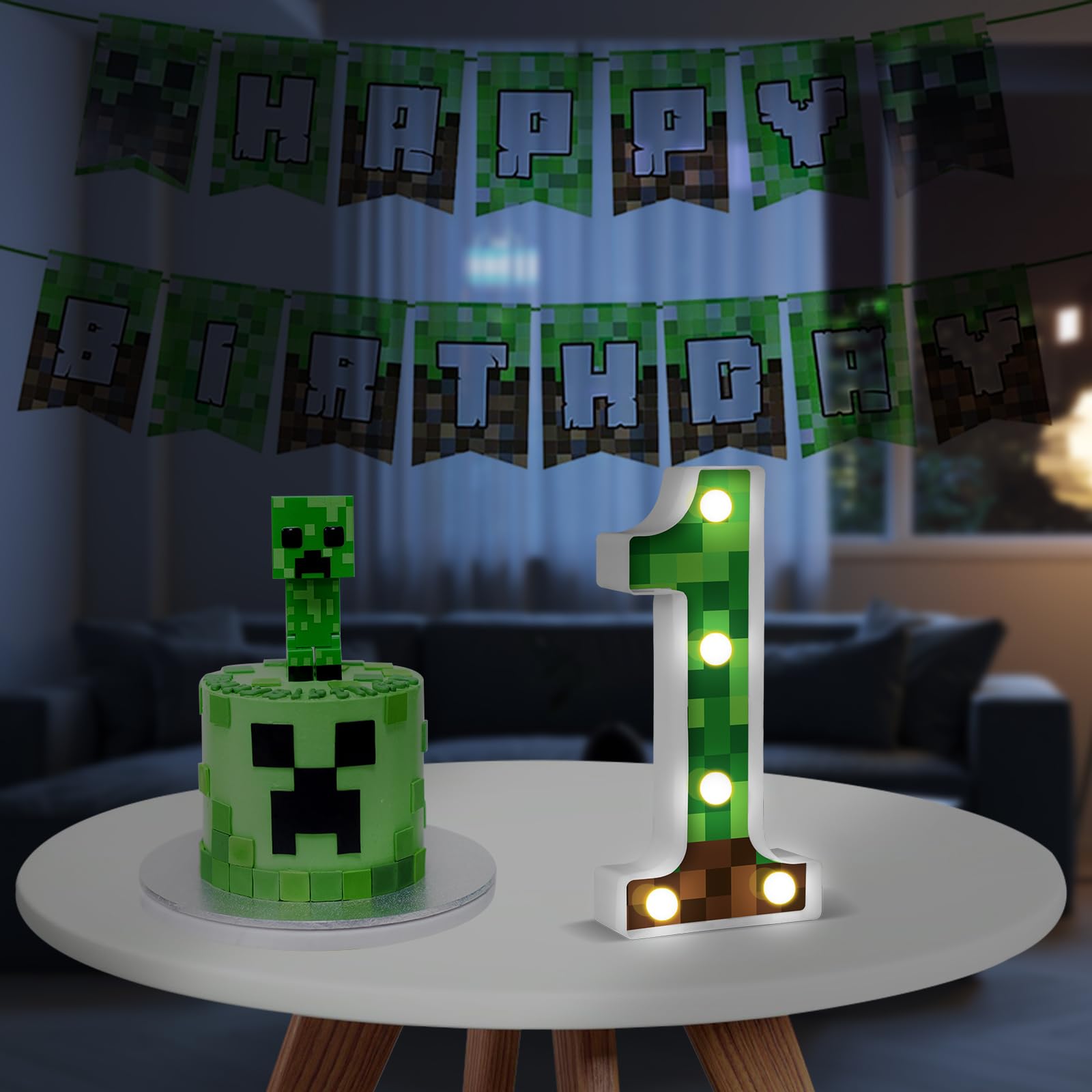 AXBMM 8.5in Pixel Game Light Up Sign, Birthday Decorations, Green/Brown, Model XY-371, LED Material, Number 1 Centerpiece