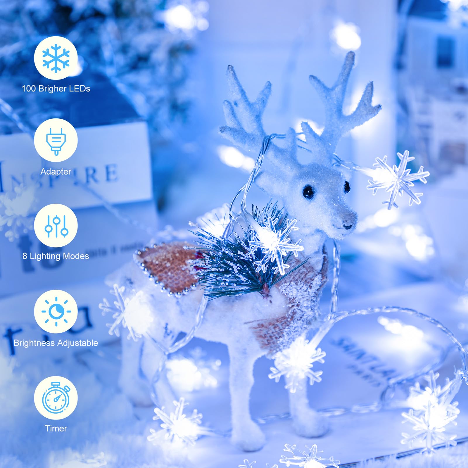 Brightown Christmas Snowflake String Lights, 100 LED, 43 FT, 8 Modes, Waterproof, Plug-in, White, Model DMO-S-100