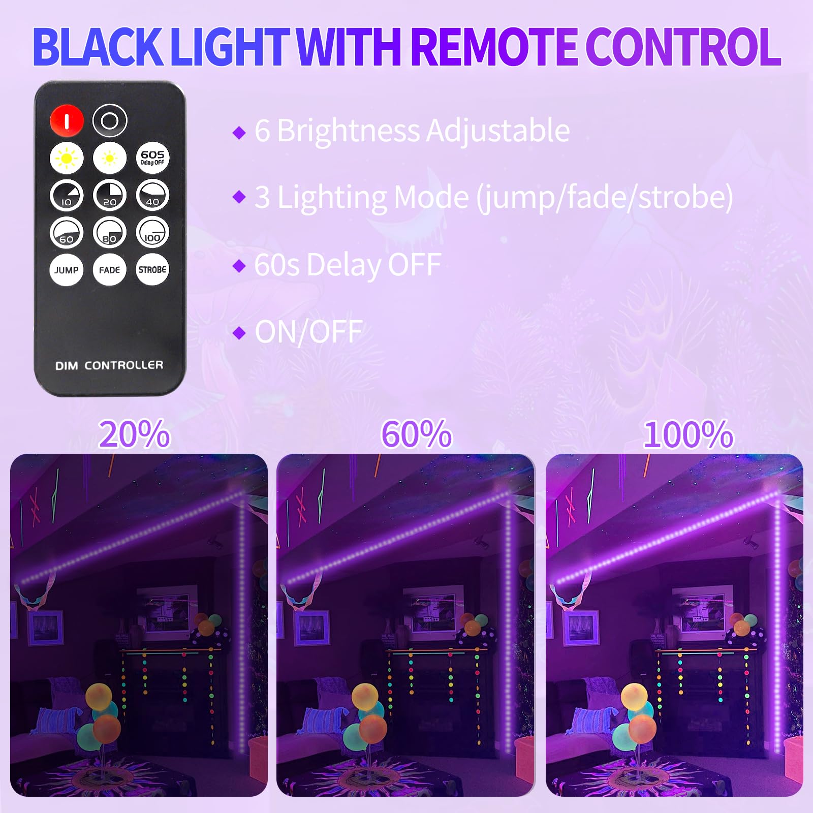 Shgpoda 50 Foot Black Light Strip & Remote  900Leds  Dimmable 12V Flexible Black Lights For Glow Party  Bedroom  Hallween  Fluorescent Tapestry Poster  3 Light Modes  Non-Waterproof