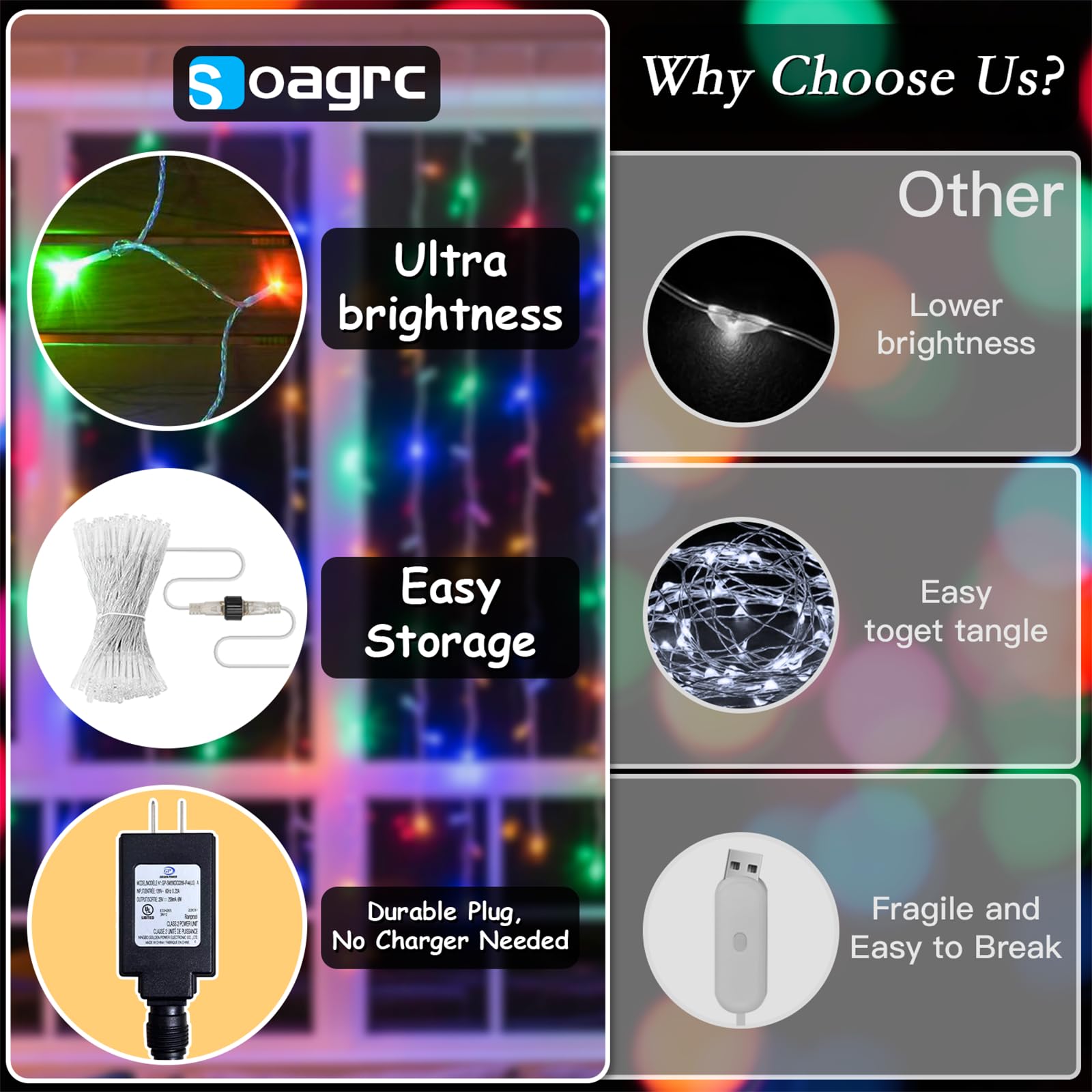 Soagrc 200 LED Rainbow Curtain String Lights, Waterproof, 9.8x6.6FT, 8 Modes, Multicolor, Model BG-CL3M3-306L01