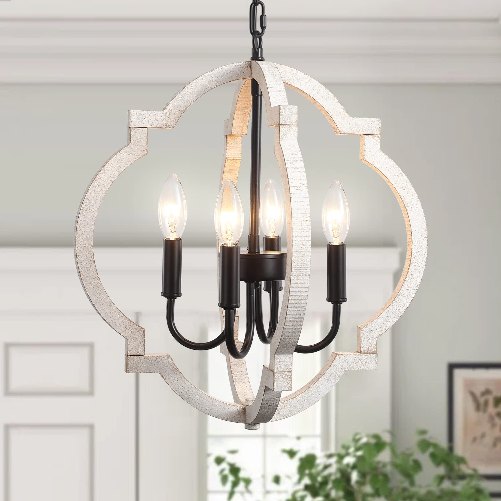 ALISADABOY Farmhouse Orb Wood Chandelier 4 Light Dining Room Light Fixture Rustic Hanging Lighting Pendant Chandelier for Living