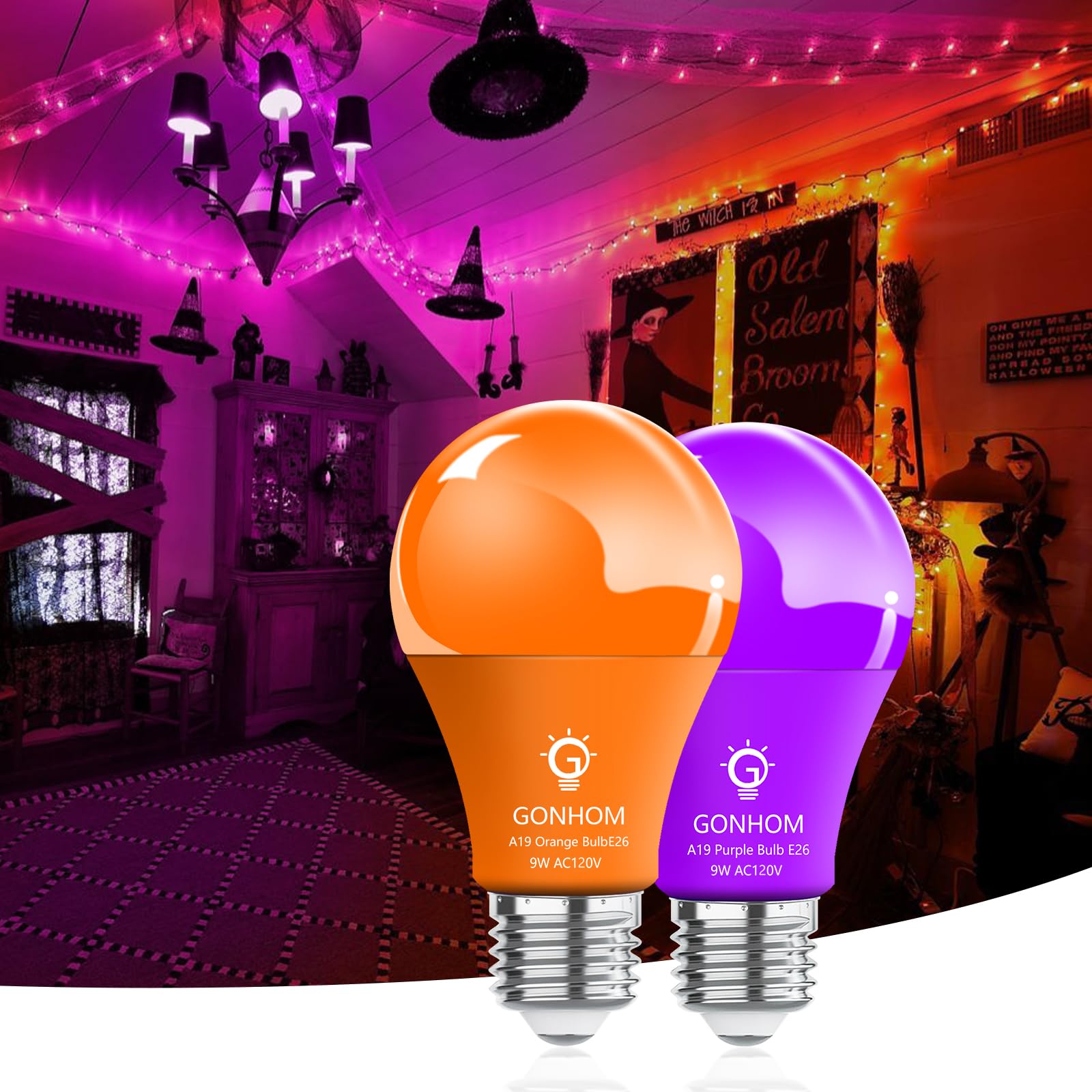 Gonhom 2 Pack A19 Led Orange Purple Light Bulb 9 Watt Purple Lights Equivalent 100 Watt Colored Light Bulbs E26 Base For Party Decoration  Holiday Lighting Halloween Light Bulbs