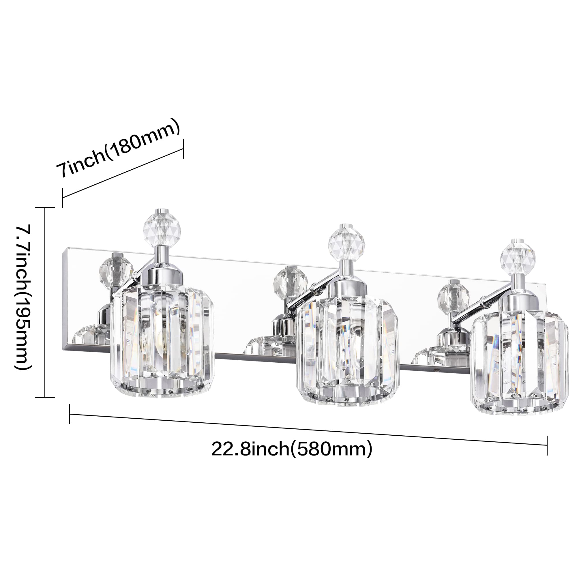 PRESDE Modern Crystal Bathroom Vanity Light Fixture, Chrome, 3 Lights, Stainless Steel, Wall Mount