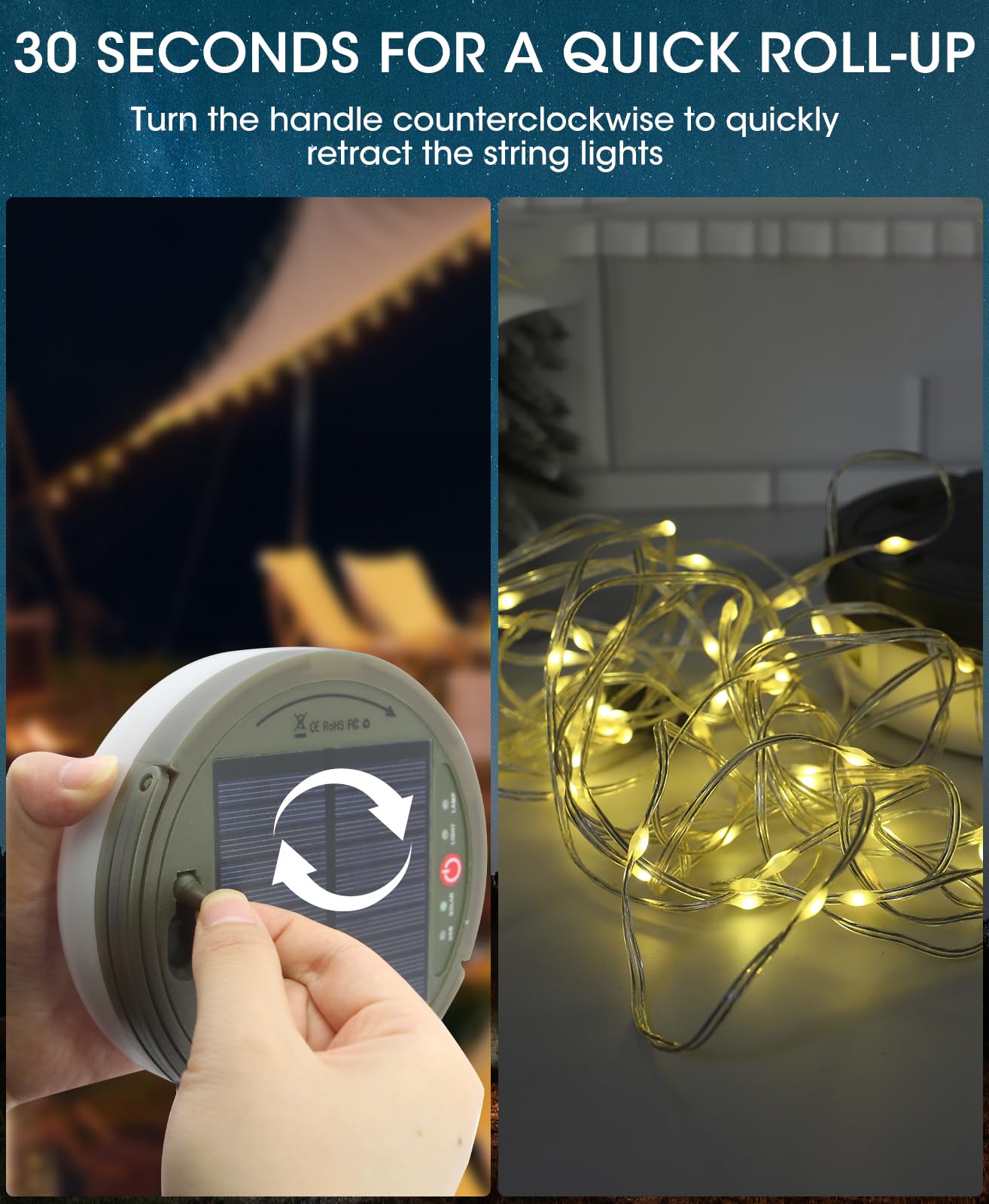 MQUPIN Solar Camping String Lights, 39.4 Ft, 120 LEDs, Waterproof, Remote Control, USB Rechargeable, White