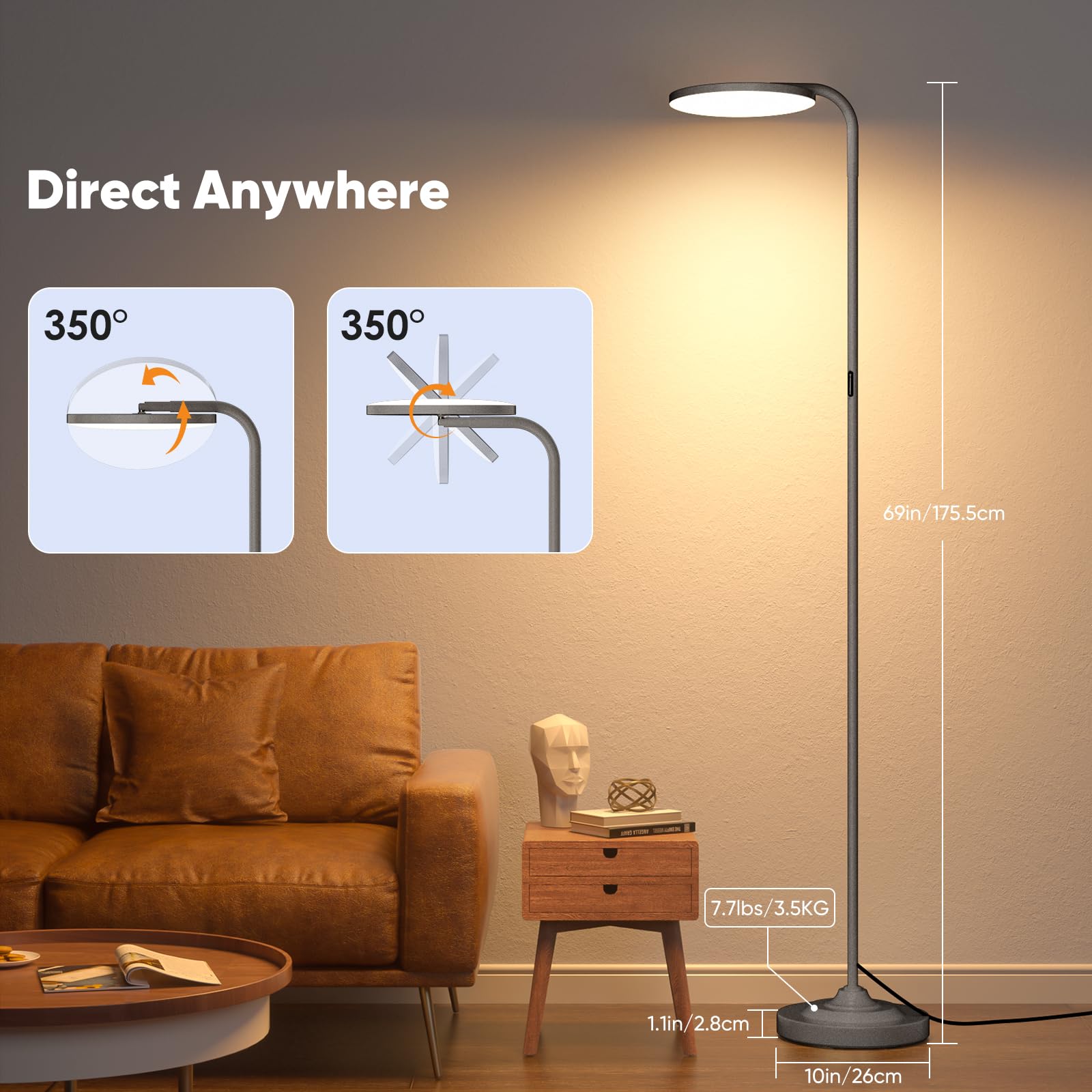 SIBRILLE 36W LED Floor Lamp, Stepless Dimmable, 69" Tall, Gunmetal, Remote Control, MF30012