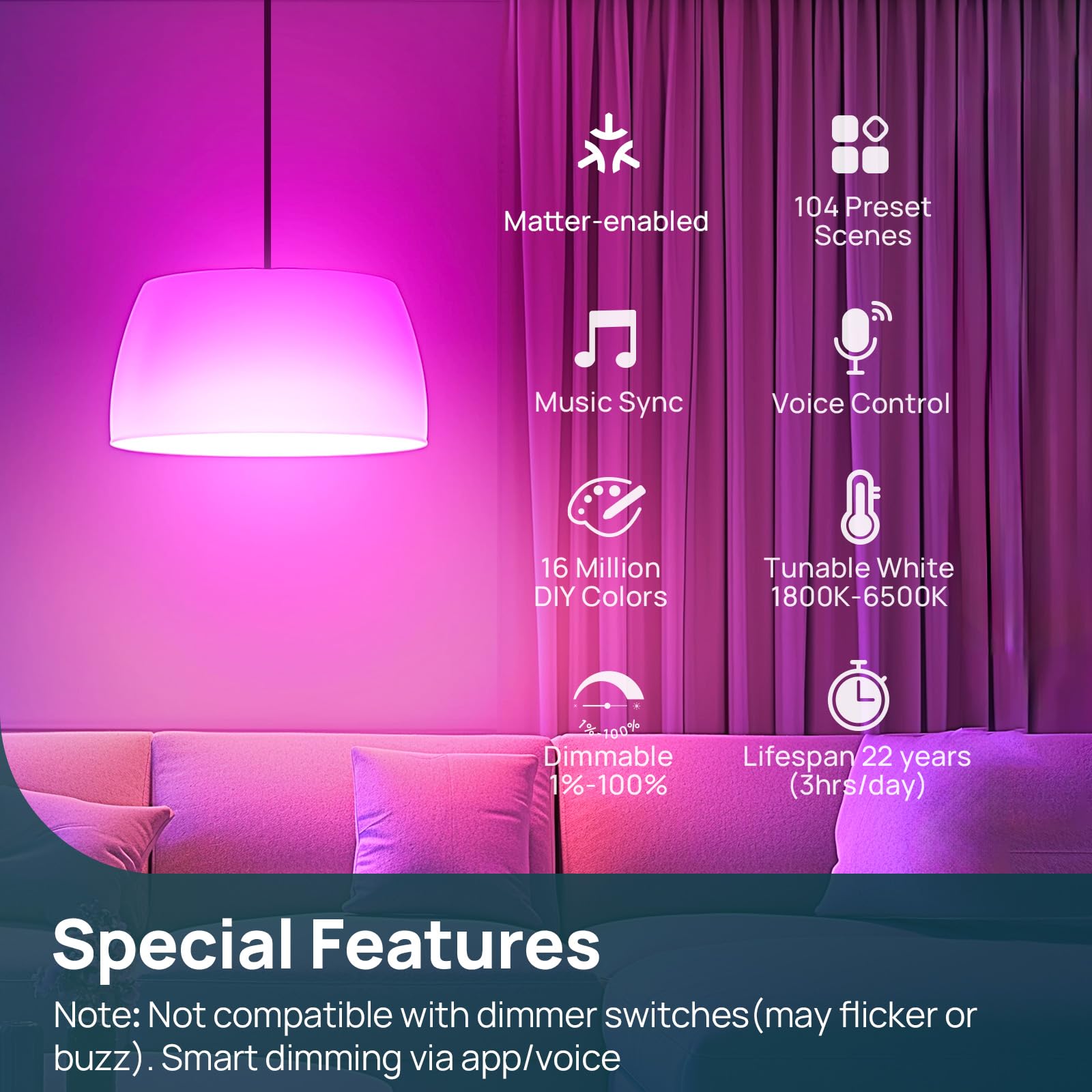 Linkind Smart Light Bulb, RGBTW LED Color Changing, 100W Equivalent, 4 Pack, Wi-Fi Compatible, Model LS0102111261
