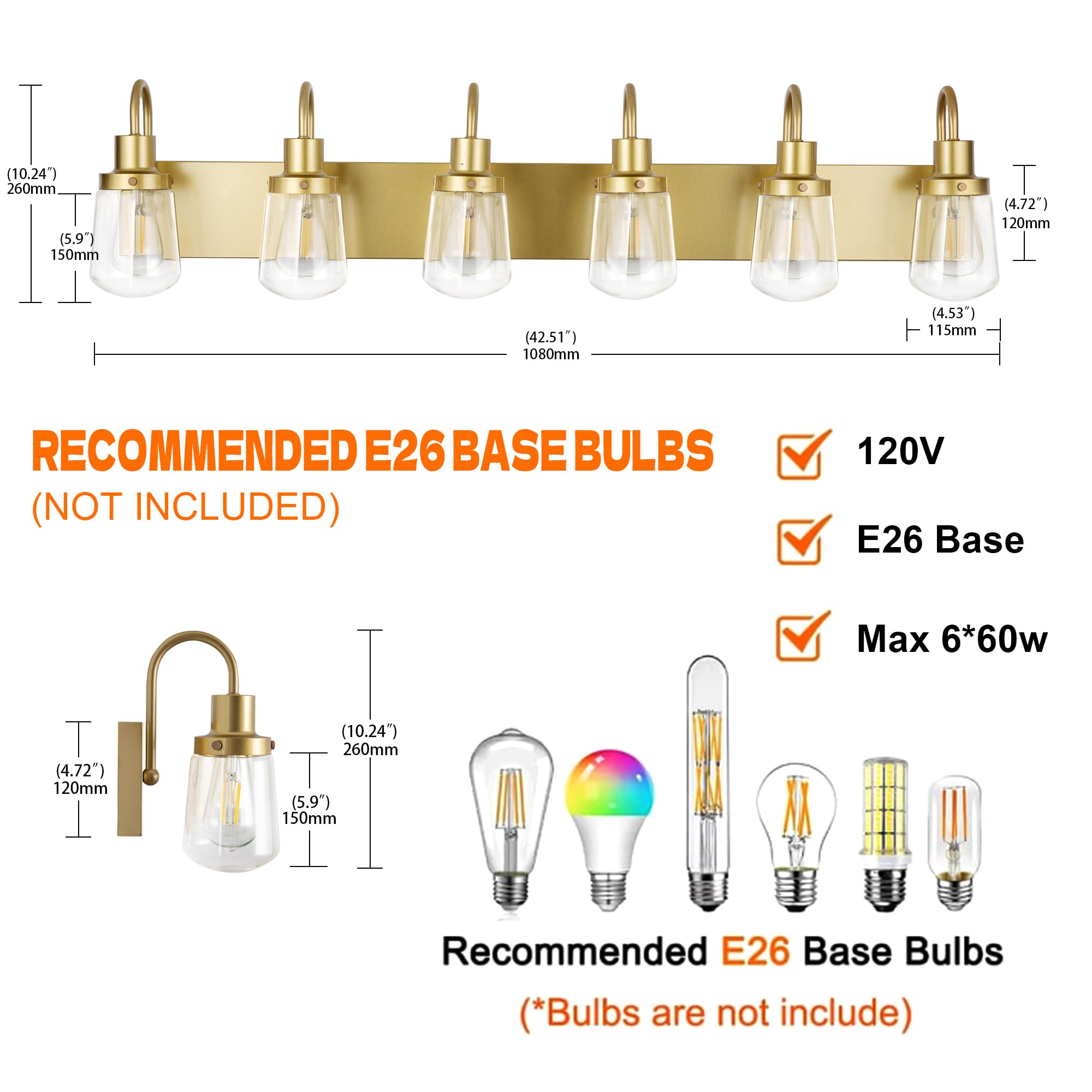 Yaohong 6-Light Gold Bathroom Vanity Light Fixture With Clear Glass Shades, Farmhouse Design