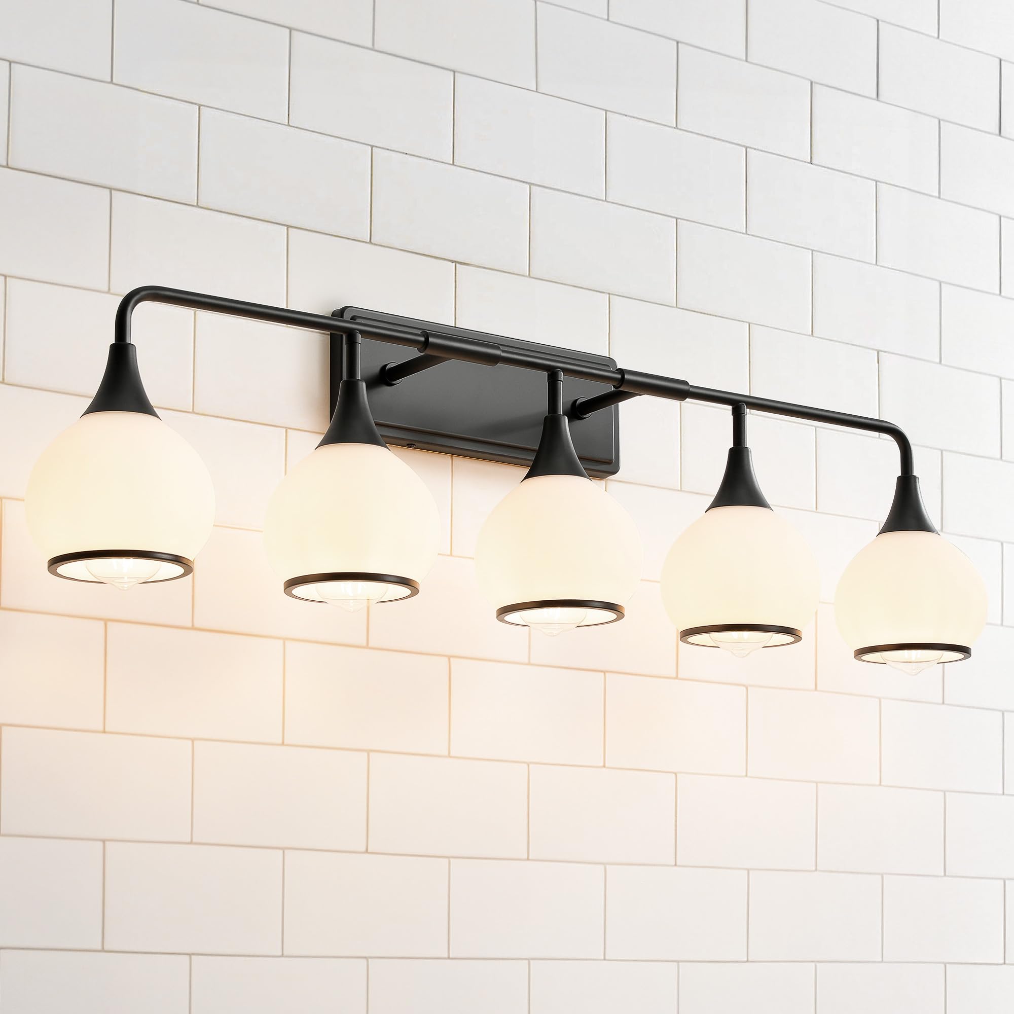 HAHZT 5-Light Black Bathroom Vanity Light Fixture with Milky White Frosted Glass Shade, Model 8033ML, 39.2 Inch Wall Sconce
