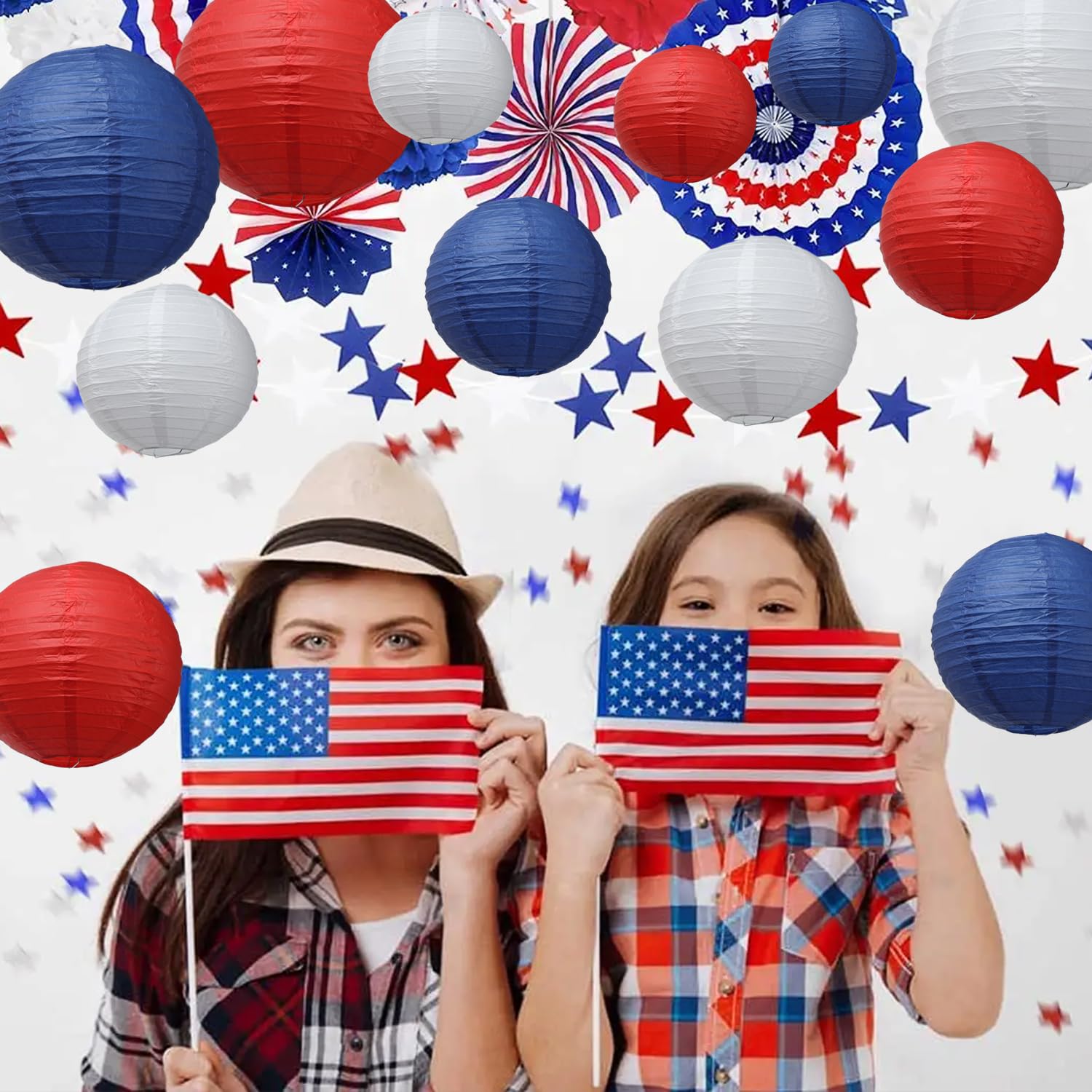 Red Blue White Paper Lanterns, Patriotic Paper Lanterns 4Th Of July 12 Pcs 6'' 8'' 10'' 12'' Round American Flag Paper Hanging D