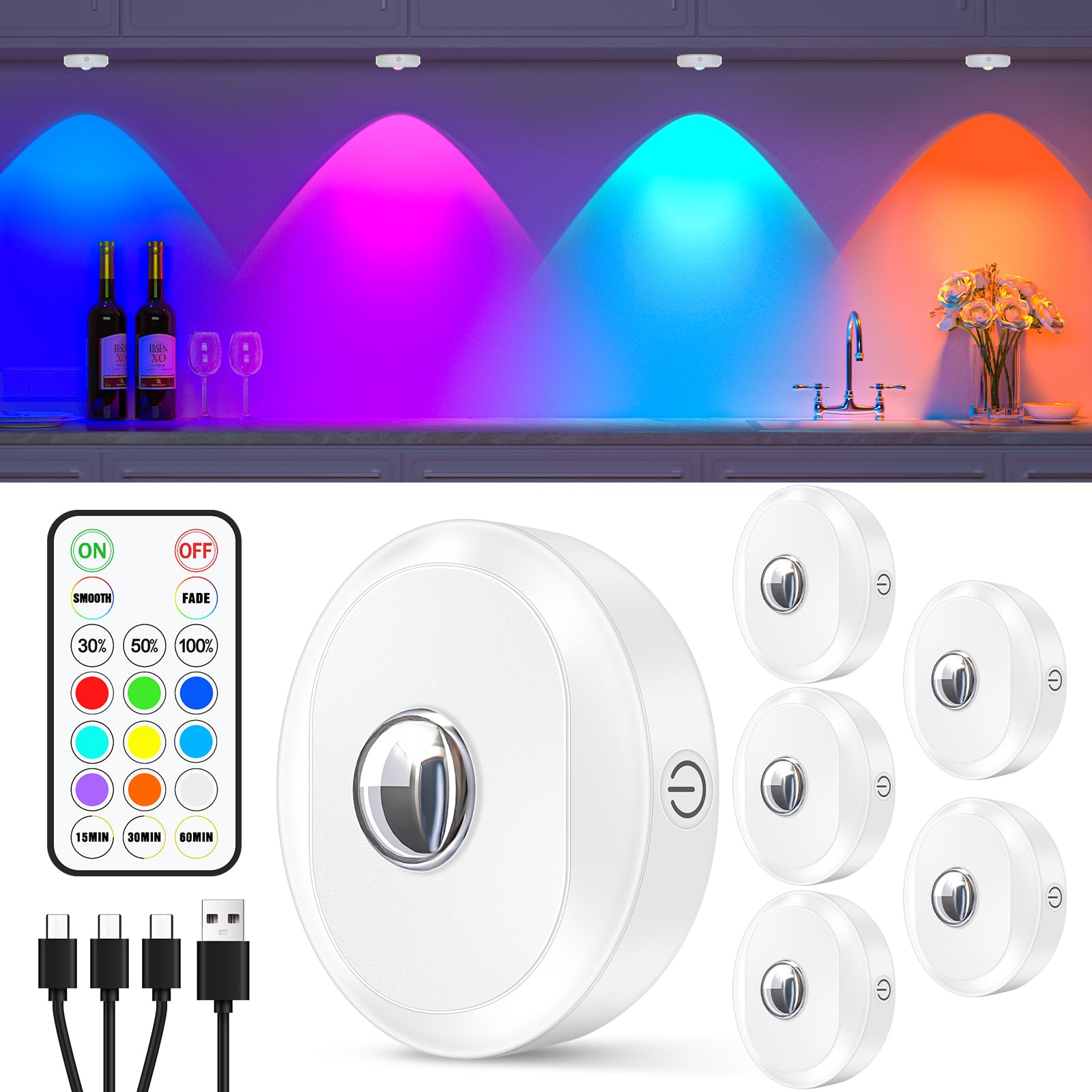 WILLED RGB Rechargeable Puck Lights with Remote Control, Under Cabinet Lighting Wireless, Dimmable Push Lights, Multicolor and T