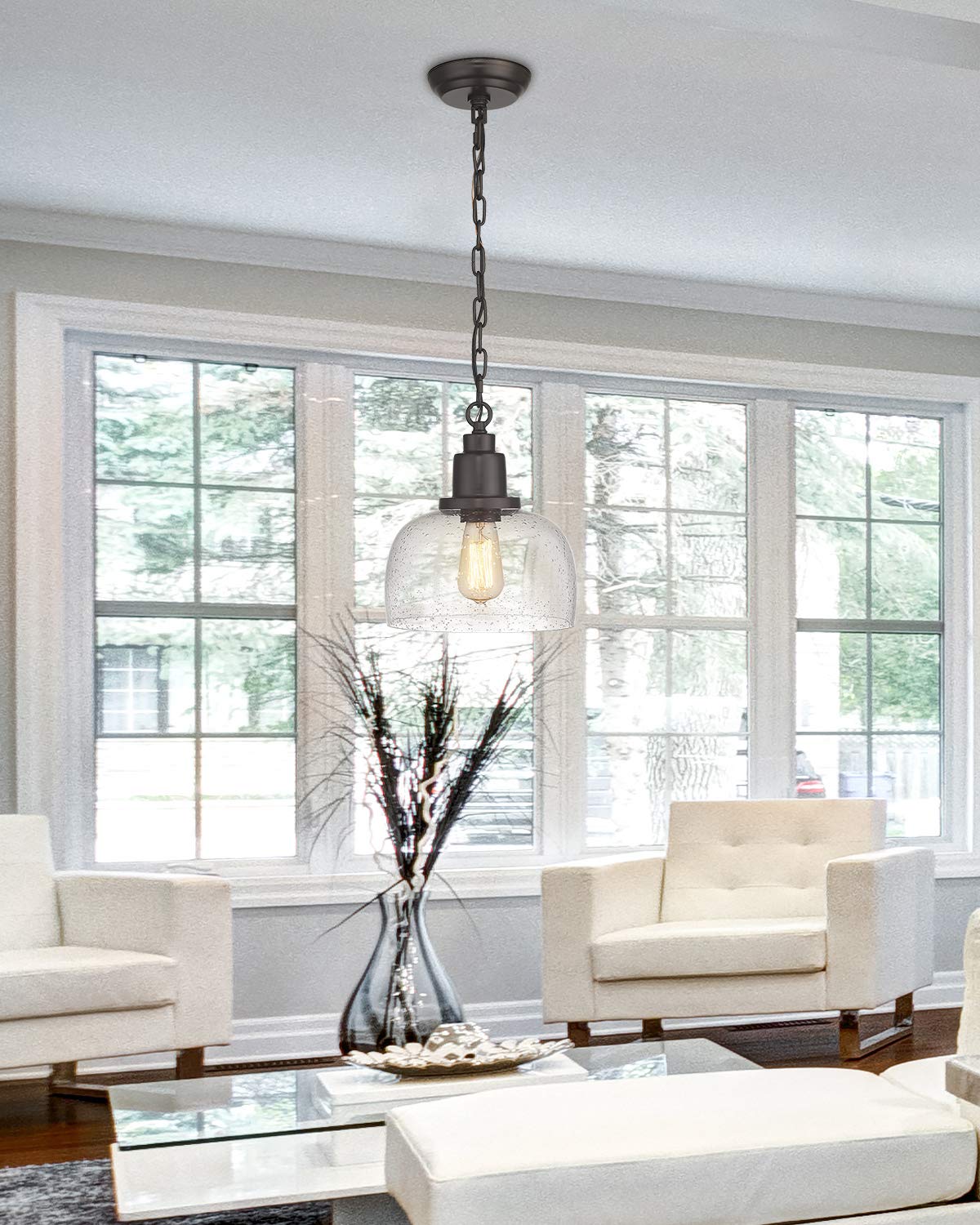 Eapudun Modern Farmhouse Pendant Light, 1-Light Industrial Hanging Light Fixture, Oil Rubbed Bronze Finish With 9.3-Inch Seeded Glass Shade, Pda1127-Orb