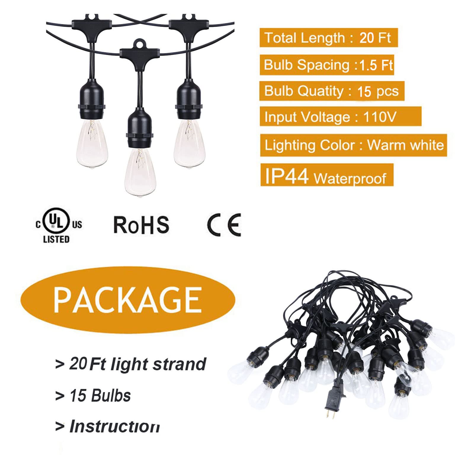 Afirst Outdoor String Lights Waterproof 20Ft With 15 Glass Bulbs, Connectable Patio Lights For Garden Backyard Porch Holiday