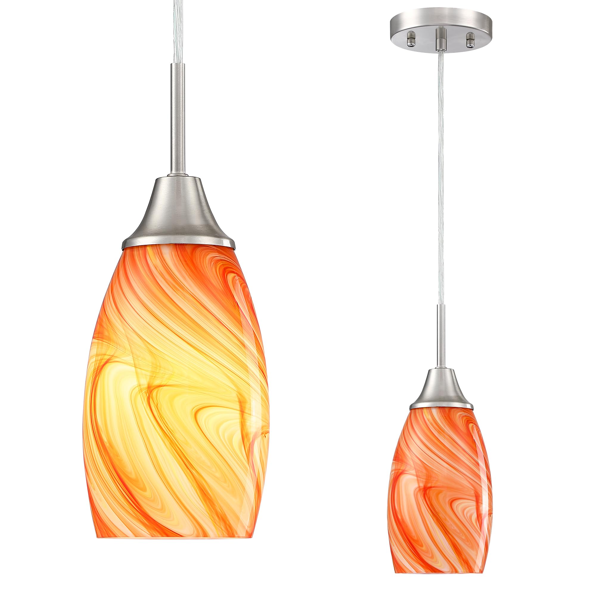 Viinew Mini Glass Pendant Light 1-Pack with Handblown Orange Marble Art Oval Glass Lamp Ceiling Hanging Light, for Dining Room,K