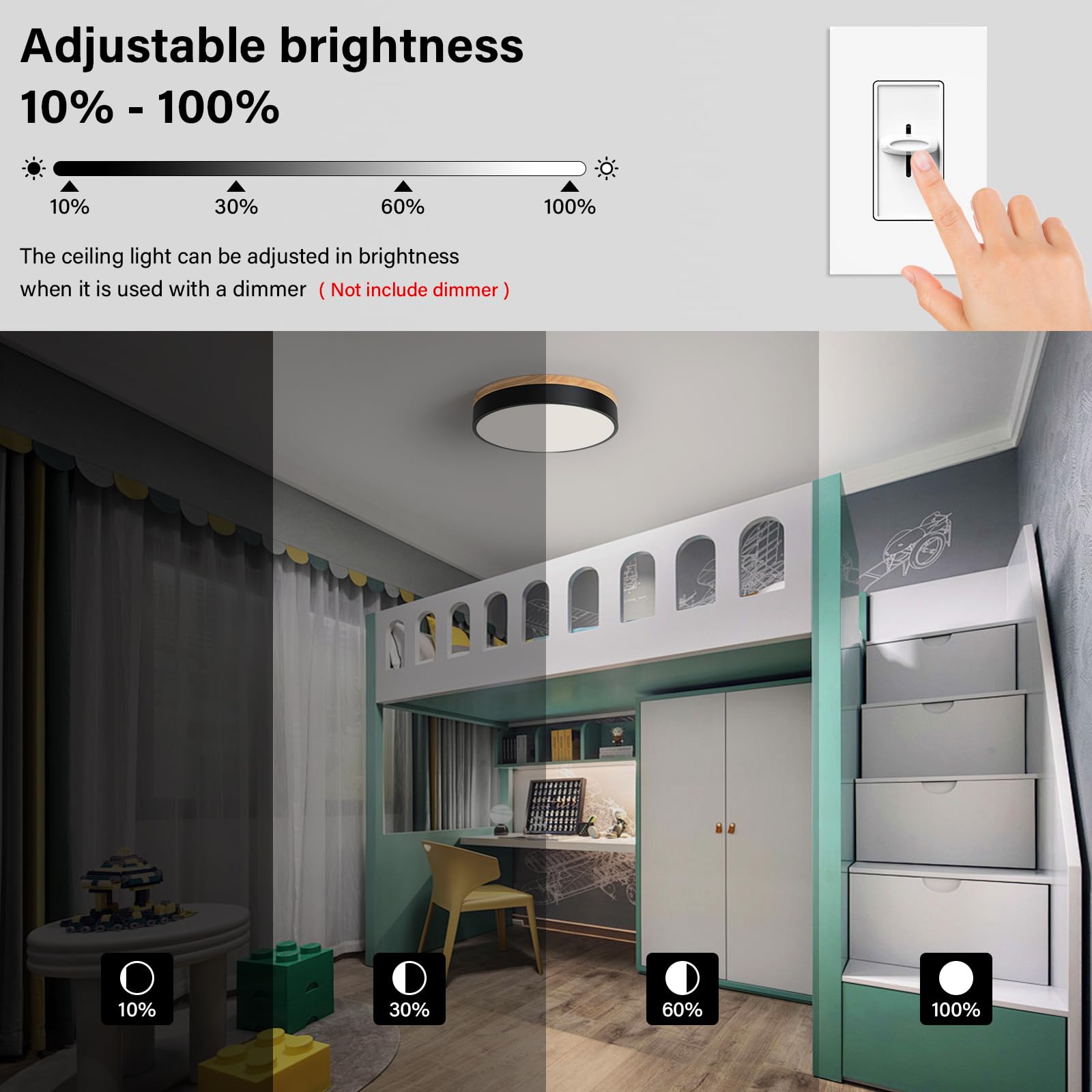 WOKNOS Modern LED Flush Mount Ceiling Light Fixture, 11.8 in, Black, Metal, Model WKUS241125001