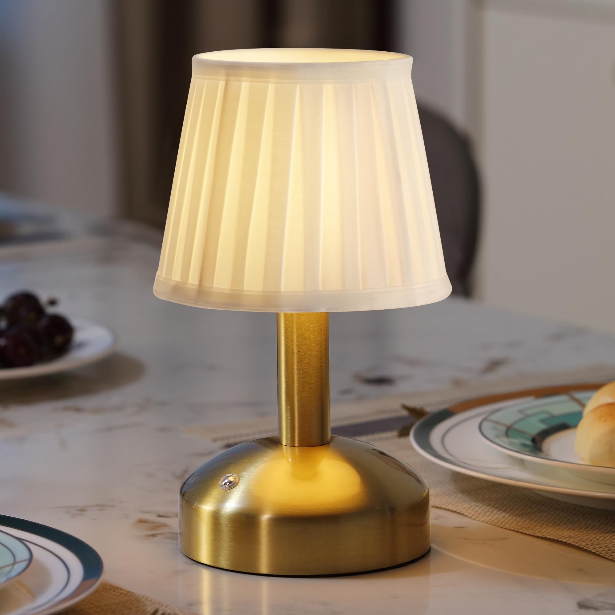 Kdg Modern Cordless Small Table Lamp, Led Fabric Shade, 5000Mah Battery, Gold & White, Model Amz-Tbl-012-Dg