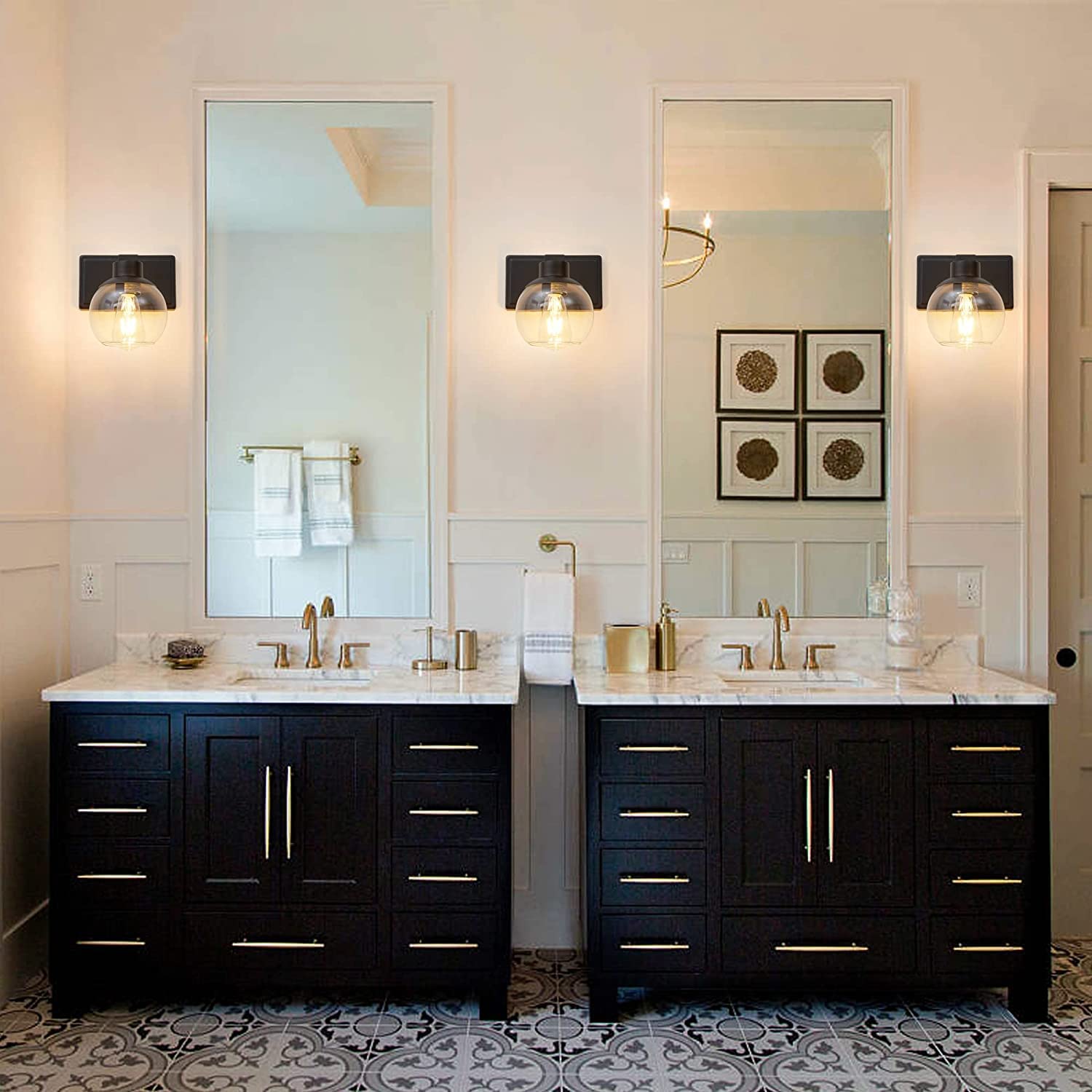 Pazala 2 Pack Black Wall Lights For Bedroom Modern Wall Sconces Set Of Two Lighting Fixtures Wired, Globe Glass Lamp, Wall Mount